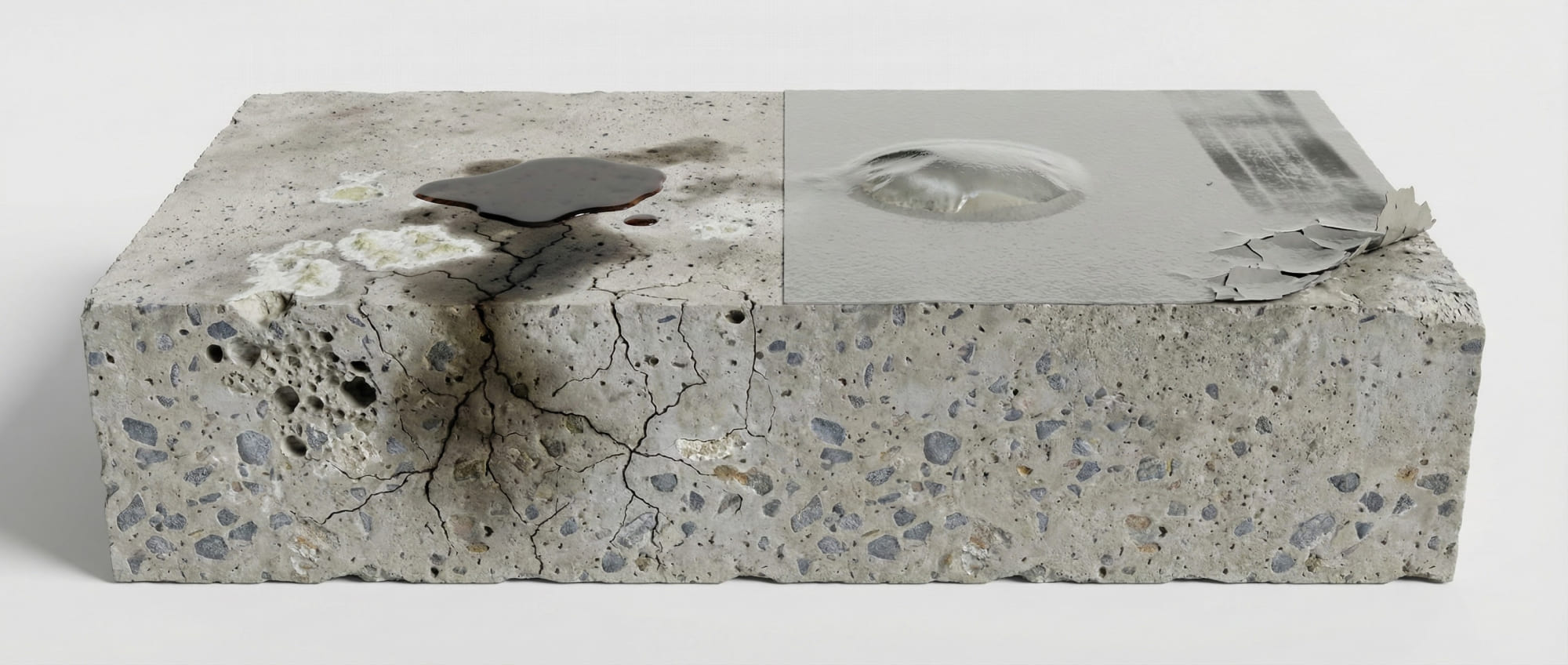 3D-Querschnitt eines geschädigten Betonblocks - Links Penetration von Öl in offene Kapillaren und Risse - Rechts Blasenbildung und Abplatzung einer konventionellen Epoxidharzbeschichtung durch osmotischen Druck.