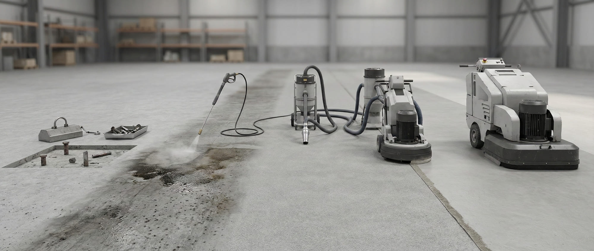 3D-Visualisierung der Grindingfloor Sanierungskette auf einem Betonboden - Von links nach rechts: Entfernung von Metallankern - Hochdruckreinigung von Ölflecken - staubfreies Schleifen mit Absaugung und Einsatz schwerer Planfräsmaschinen.