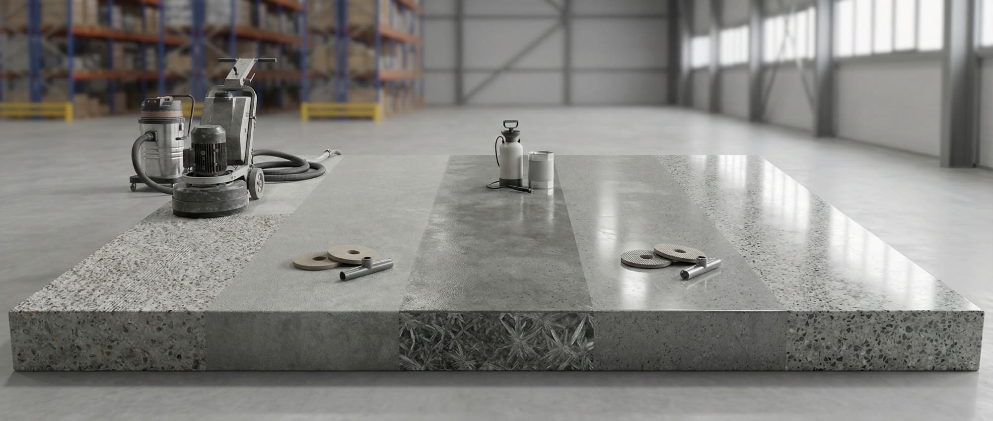 3D-Visualisierung der Grindingfloor Prozesskette auf einer Betonmusterfläche - Von links nach rechts: Grobschliff mit Bodenschleifmaschine - chemische Härtung mit Silikaten und Sprüher - bis zur finalen Diamantpolierung auf Hochglanz mit Polierpads.