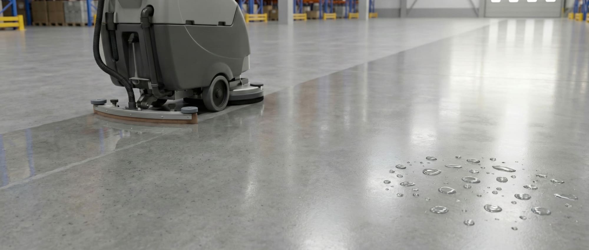 Bodenreinigungsmaschine auf hochglanzpoliertem Industrieboden mit sichtbarem Abperl-Effekt von Wasser - Visualisierung der kosteneffizienten und chemiefreien Pflege bei Grindingfloor.