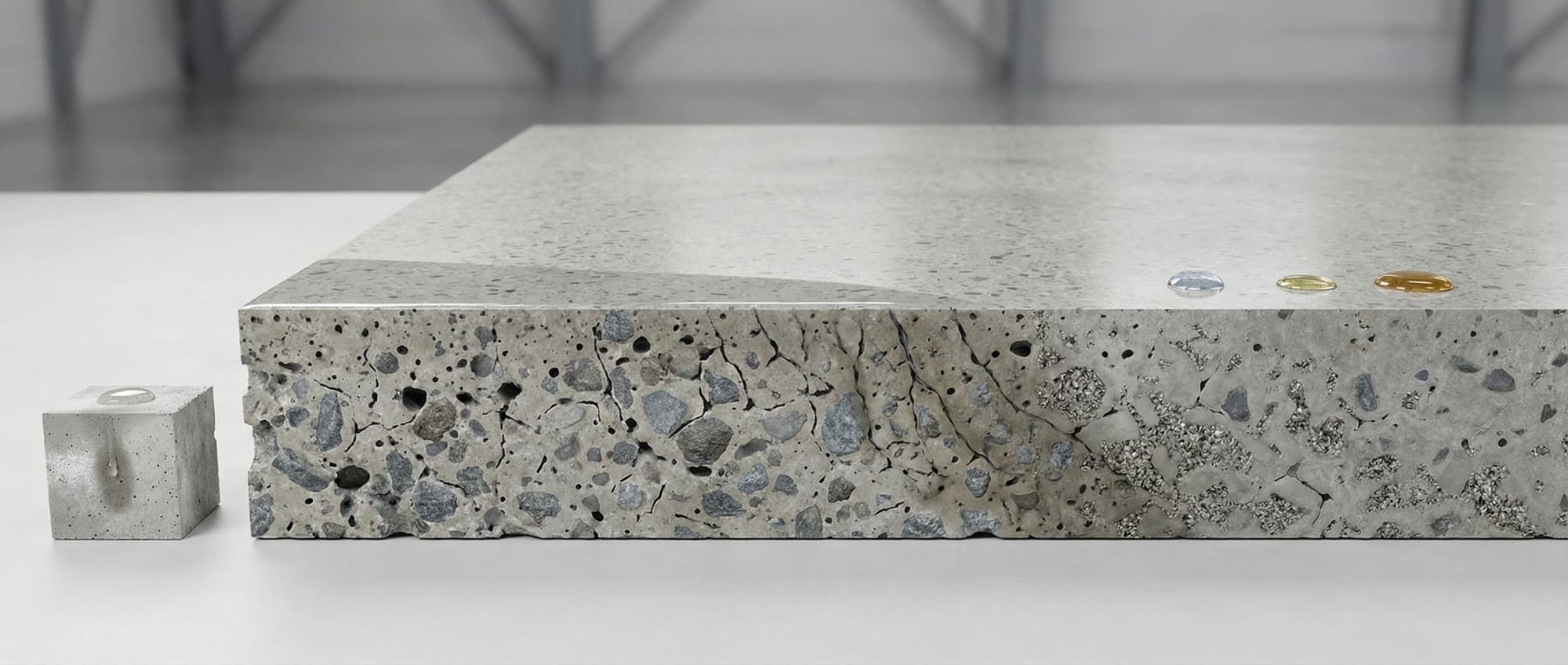 3D-Querschnitt einer Betonplatte zur Demonstration der chemischen Verdichtung - Links poröse Struktur mit eindringender Nässe - Mitte Kristallbildung durch Silikate - Rechts abperlende Flüssigkeiten auf verdichteter Oberfläche.