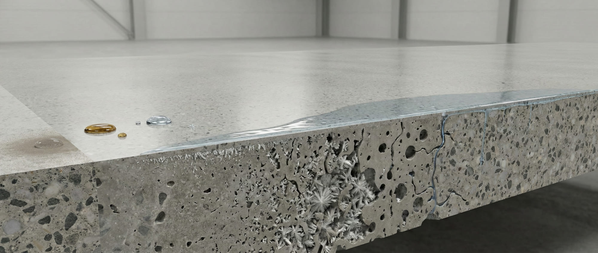 3D-Querschnitt einer Betonplatte zur Demonstration der chemischen Verkieselung - Links eindringende Flüssigkeit in Poren - Mitte Kristallbildung durch Reaktion von Lithium-Silikaten mit Kalk - Rechts hydrophobe Oberfläche mit abperlenden Wassertropfen.
