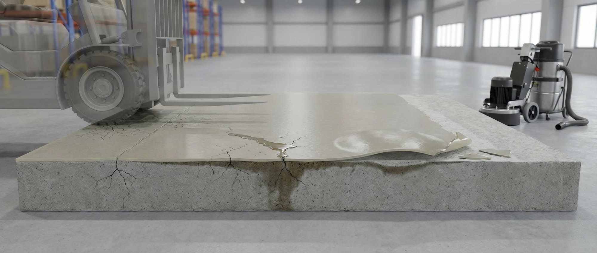 3D-Querschnitt eines Industriebodens mit defekter Beschichtung - Gabelstapler verursacht Risse durch mechanische Belastung - Visualisierung von Delamination und Abplatzungen einer Epoxidharz-Schicht im Vergleich zu saniertem Beton.