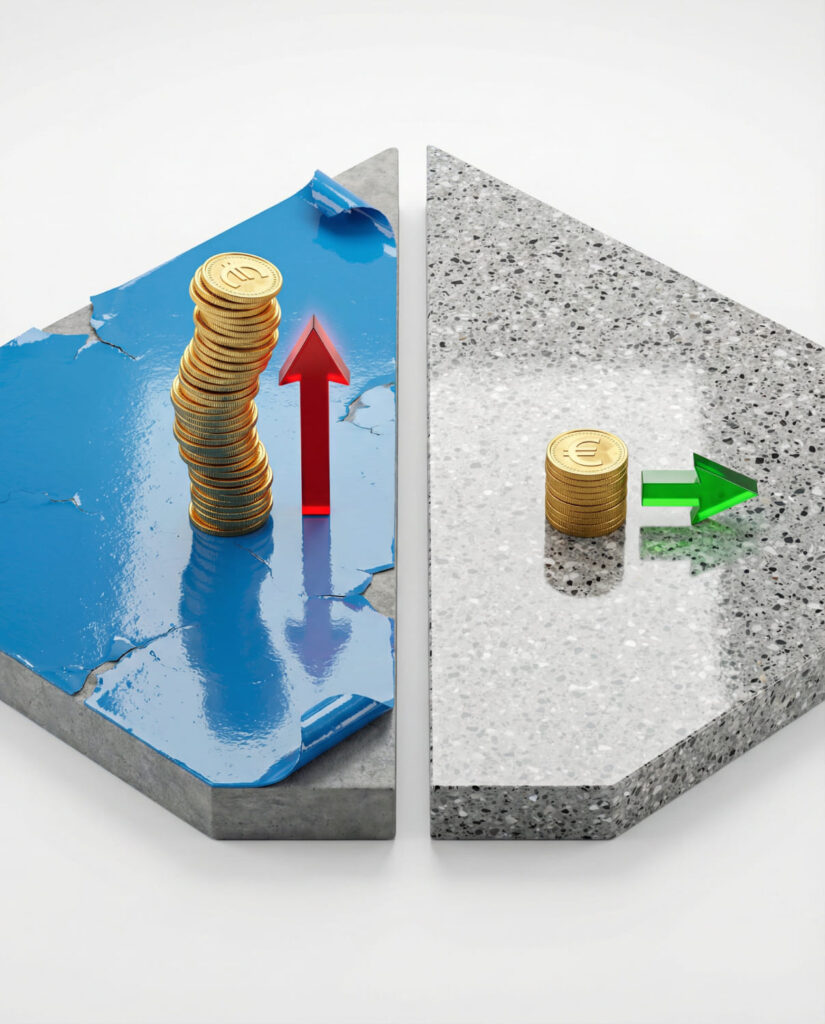 3D-Vergleichsgrafik der Lebenszykluskosten - Links defekte blaue Epoxidharz-Beschichtung mit hohem Geldstapel und rotem Pfeil nach oben - Rechts intakter Polierbeton mit niedrigem Geldstapel und grünem Pfeil - Symbol für die Wirtschaftlichkeit von Grindingfloor.