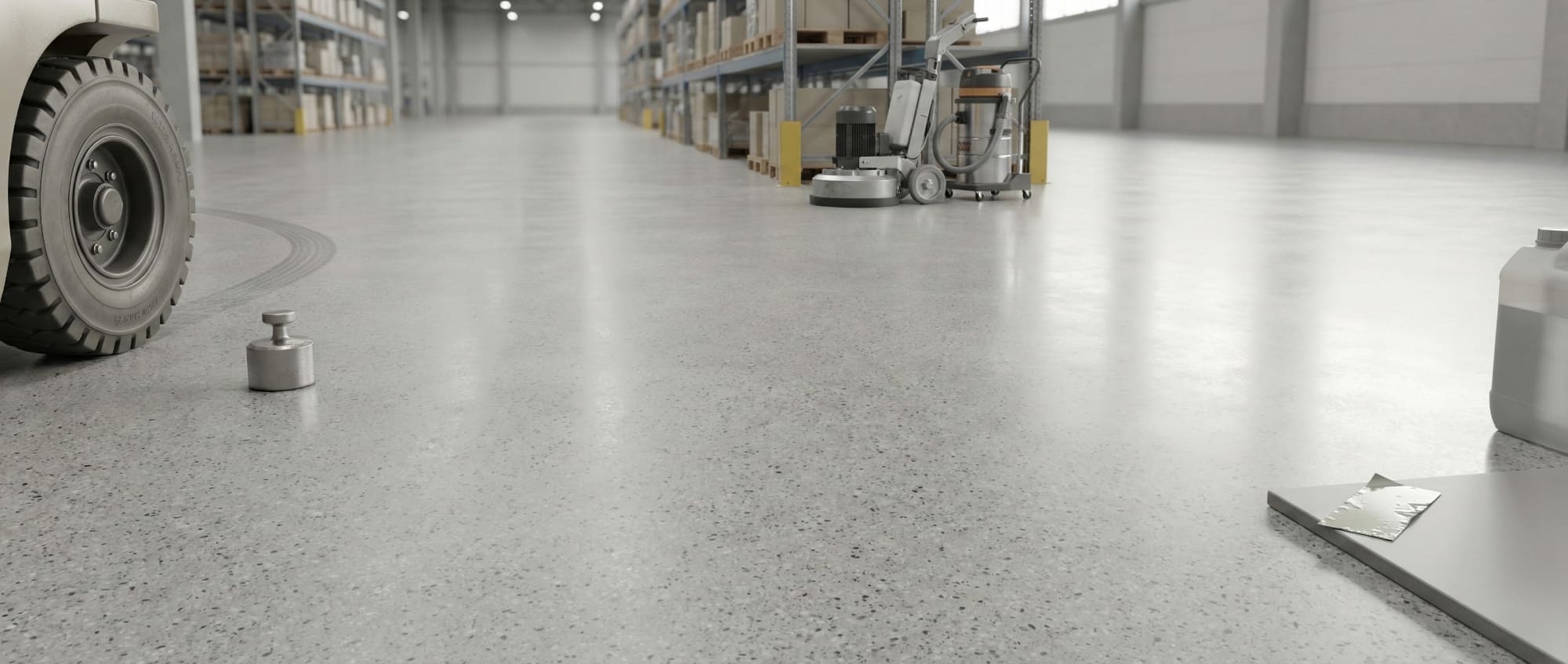 Froschperspektive eines hochbelastbaren Industriebodens in einer Logistikhalle - Links Gabelstaplerreifen und Reifenspuren als Symbol für Abrieb - Rechts polierte reflektierende Oberfläche mit Reinigungsgeräten im Hintergrund.