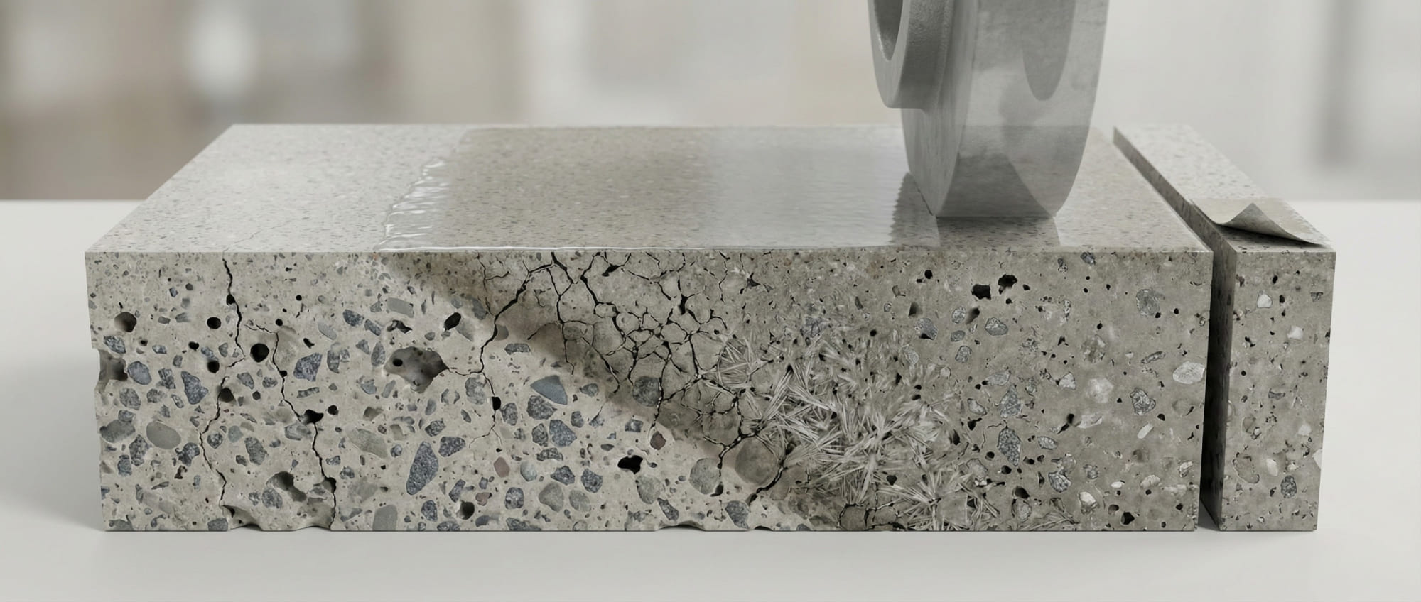 3D-Querschnitt eines Betonblocks während der Lithium-Verkieselung - Links poröse Struktur - Mitte Eindringen der Flüssigkeit und Kristallbildung - Rechts integrale Verdichtung ohne Oberflächenschicht - Symbol für die Technologie von Grindingfloor.