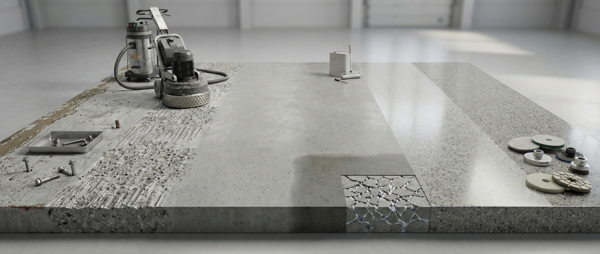 3D-Visualisierung des mechanisch-chemischen Systemverfahrens auf einer Betonmusterfläche - Prozesskette von der Entfernung von Metallankern über den Grobschliff und die Lithium-Vergütung bis zur finalen Hochleistungs-Politur mit Diamantwerkzeugen.