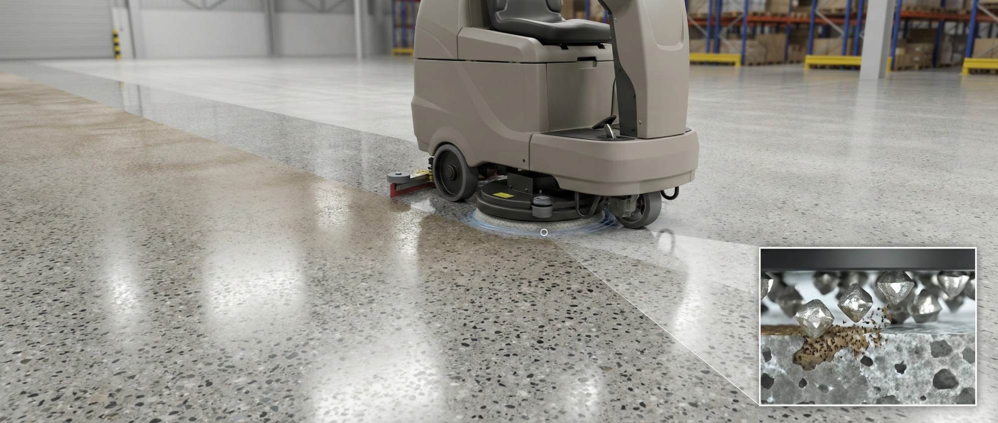 Detailansicht einer Scheuersaugmaschine auf poliertem Betonboden mit eingeblendeter Mikroskop-Aufnahme der Twister-Technologie - Visualisierung der mechanischen Reinigung durch mikroskopisch kleine Diamanten ohne Chemie.