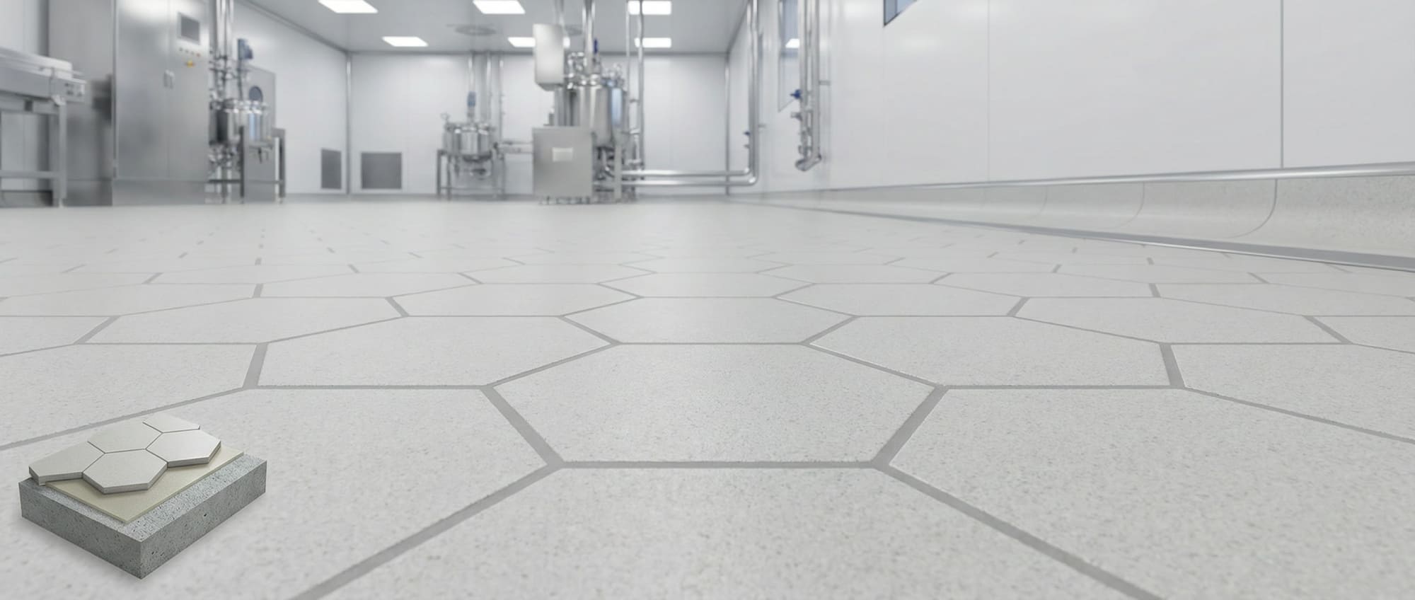 Detailaufnahme eines PharmaFloor Reinraumbodens aus hellen Sechseckfliesen mit bündigen Fugen - im Vordergrund ein Querschnittsmodell des Bodenaufbaus - im Hintergrund sterile Produktionsanlagen der Pharmaindustrie.