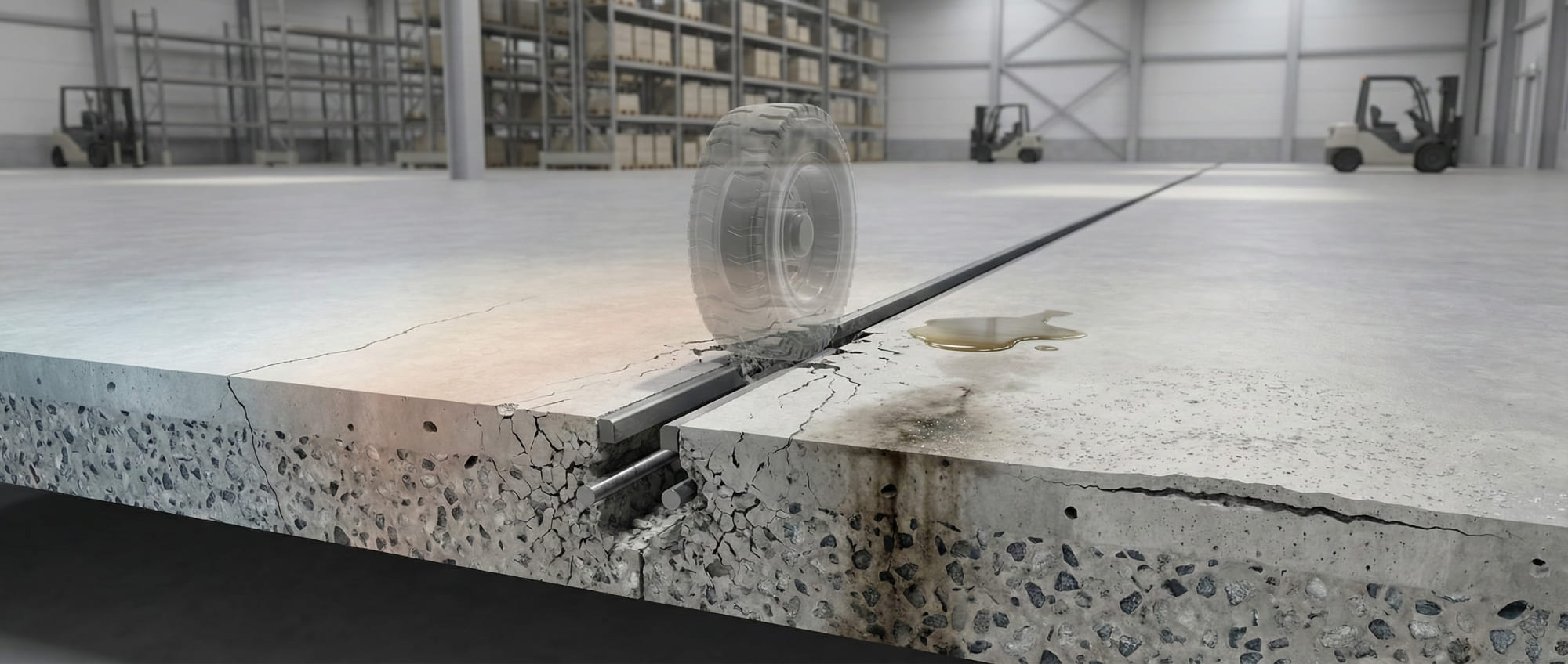 3D-Querschnitt einer Industriebodenplatte unter dynamischer Last - Visualisierung von Fugenversagen durch Gabelstaplerverkehr mit Rissbildung und chemischer Korrosion im Vergleich zur intakten Matrix.