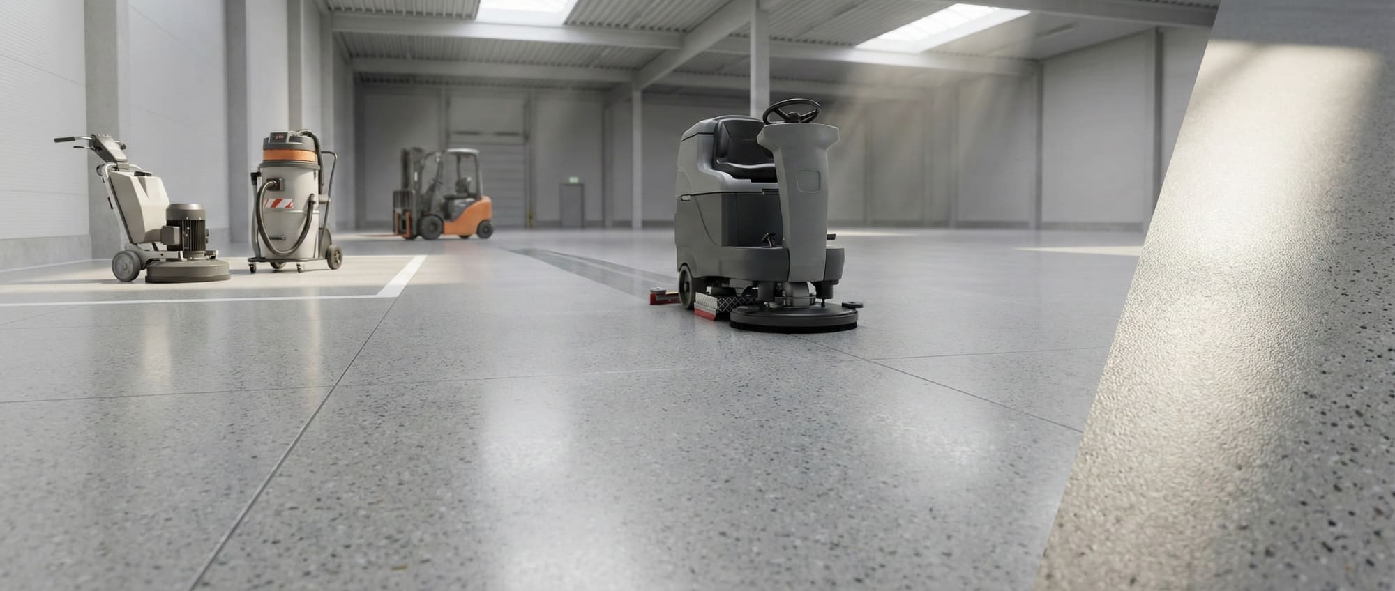 Weitwinkelaufnahme einer Industriehalle mit hochglanzpoliertem Betonboden - Im Vordergrund eine Aufsitz-Reinigungsmaschine - im Hintergrund Grindingfloor Schleiftechnik und Gabelstapler - Symbol für minimale Ausfallzeiten und Arbeitssicherheit.