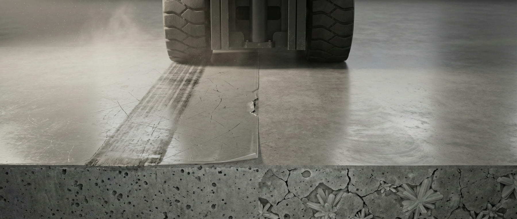 Querschnitt-Vergleich unter einem Staplerreifen - Links löst sich eine Beschichtung unter Punktlast und zeigt Reifenspuren - Rechts ist der Beton durch CSH-Kristalle im Inneren gehärtet und abriebfest.