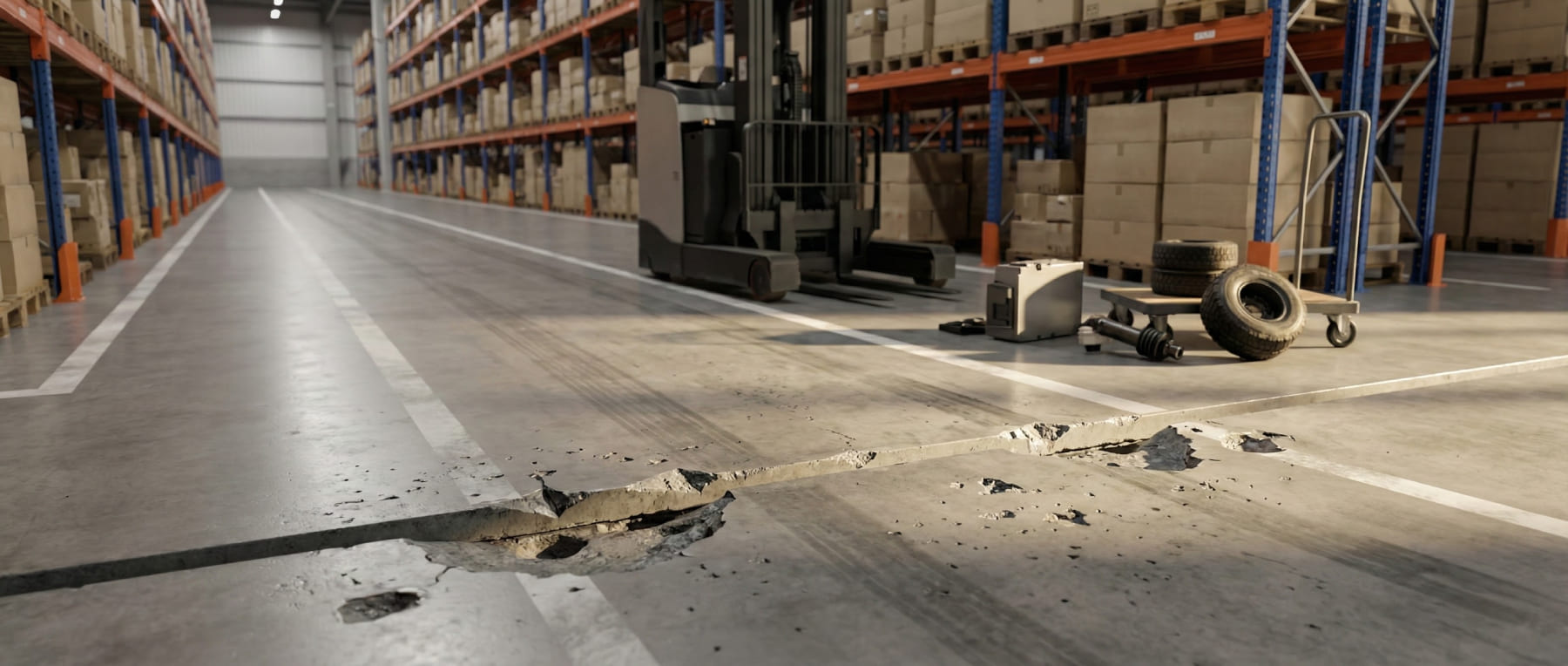 Massiv beschädigte Bodenfuge in einer Lagerhalle mit Ersatzreifen und Werkzeug im Vordergrund - im Hintergrund ein Gabelstapler im Hochregallager - Symbol für Sicherheitsrisiko durch Unebenheit und Verschleiß.
