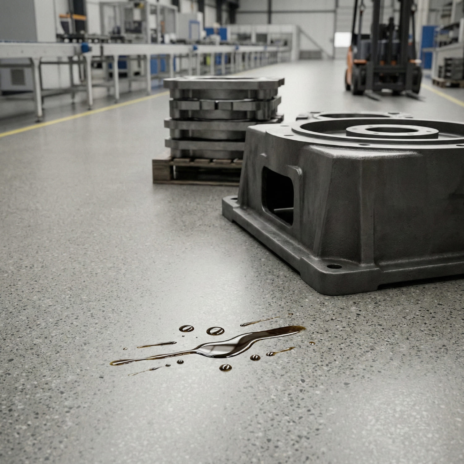 Nahaufnahme eines schweren Gussbauteils auf Industrieboden mit einer Öllache - die auf der Oberfläche perlt - Visualisierung von Resistenz gegen Kohlenwasserstoffe und Punktlasten in der Automotive Industrie.