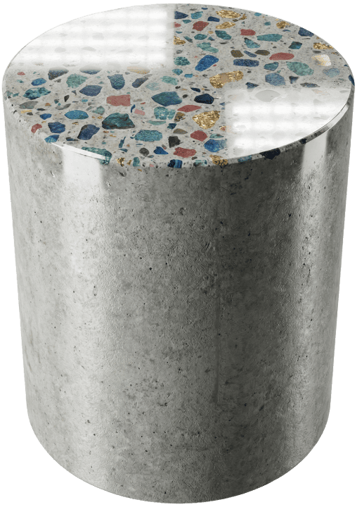 Zylindrisches Betonmuster im Vorher-Nachher-Vergleich: Die Mantelfläche zeigt rohen Beton, die Deckfläche eine hochglanzpolierte Terrazzo-Optik, symbolisch für die Veredelungs-Kompetenz der Grindingfloor Spezialisten.