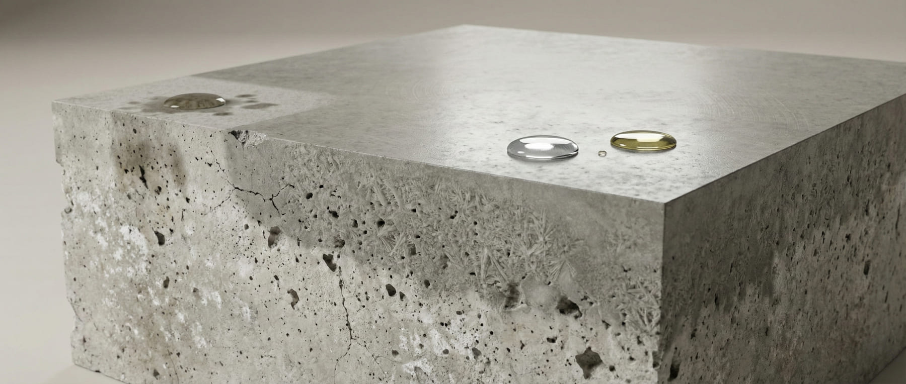 3D-Querschnitt eines Betonblocks im Vergleich - Links poröser Beton saugt Flüssigkeit auf - Rechts chemisch transformierte Matrix mit weißer Kristallbildung in den Poren und abperlenden Tropfen durch Verkieselung.