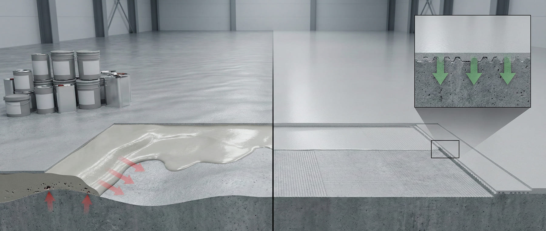 Technische Grafik zur Bodenhaftung - Links welliger Untergrund mit Delaminationsrisiko - Rechts plan gefräster Boden mit Lupe, die grüne Pfeile für mechanische Verkrallung und hohe Haftzugwerte zeigt.