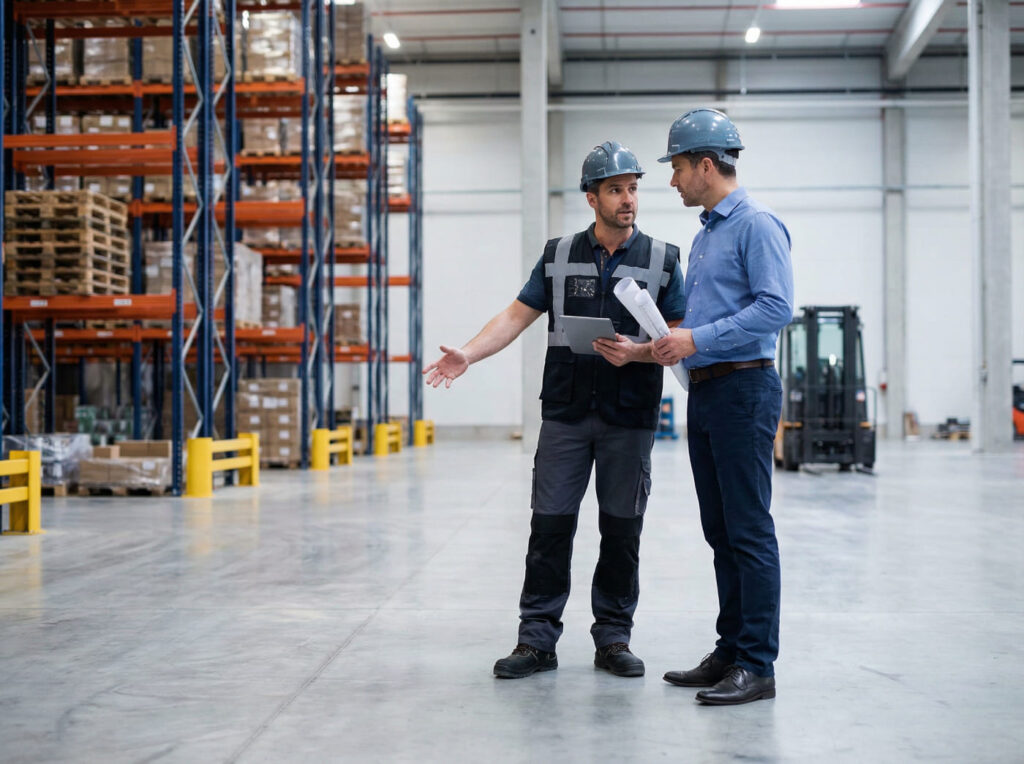 Grindingfloor Projektleiter und Industriekunde bei der gemeinsamen Abnahme und Begutachtung eines sanierten Betonbodens in einer Produktionshalle, symbolisch für technische Exzellenz und Kundenzufriedenheit.