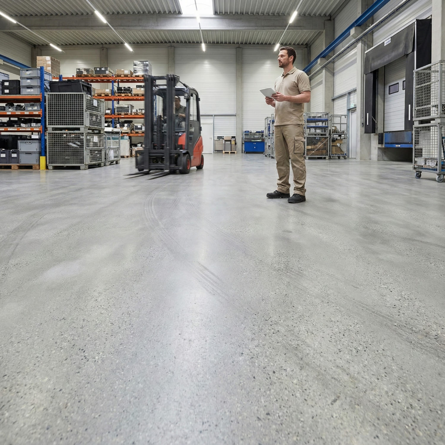 Mitarbeiter steht auf einem von Grindingfloor polierten und chemisch vergüteten Industriebetonboden in einer Logistikhalle - im Hintergrund ein fahrender Gabelstapler und Hochregale.