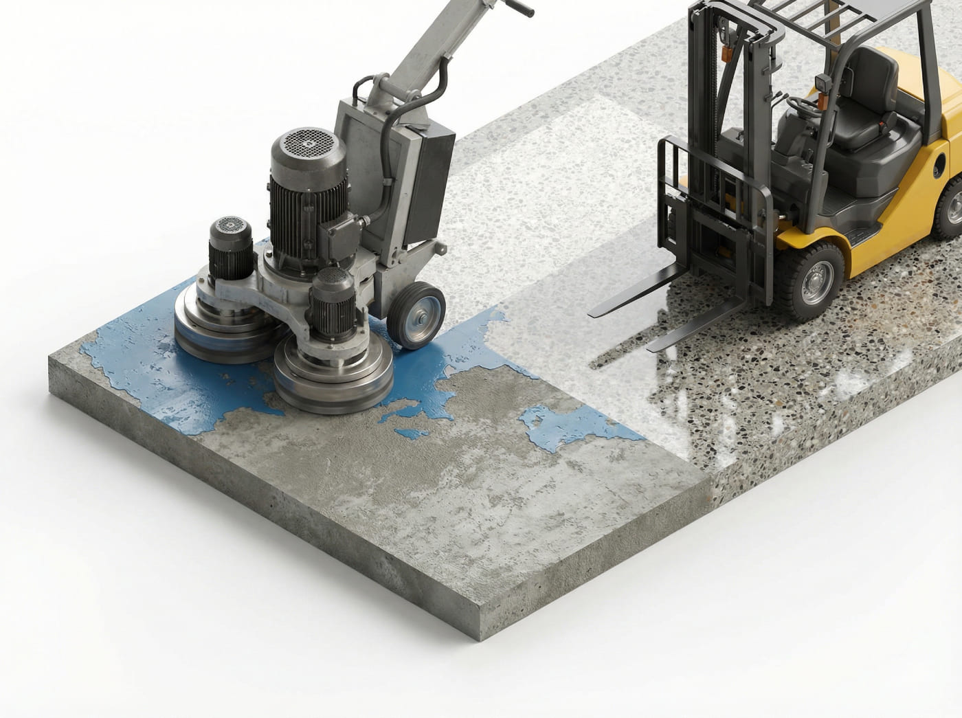Visualisierung des Grindingfloor-Schleifprozesses auf einem Industrieboden: Eine Diamant-Schleifmaschine entfernt links eine blaue Altbeschichtung, während rechts ein Gabelstapler auf der fertig polierten, planebenen Terrazzo-Oberfläche fährt.