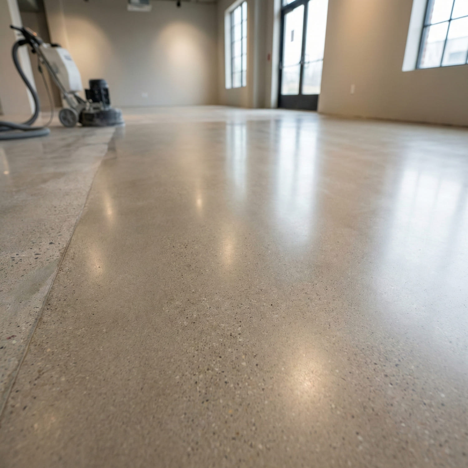 Hochglanzpolierter Betonboden im Vordergrund im Vergleich zum rauen Untergrund links - im Hintergrund Boden-Schleifmaschine in einem hellen Raum - Visualisierung von Schleifen für Glätte und Optik.