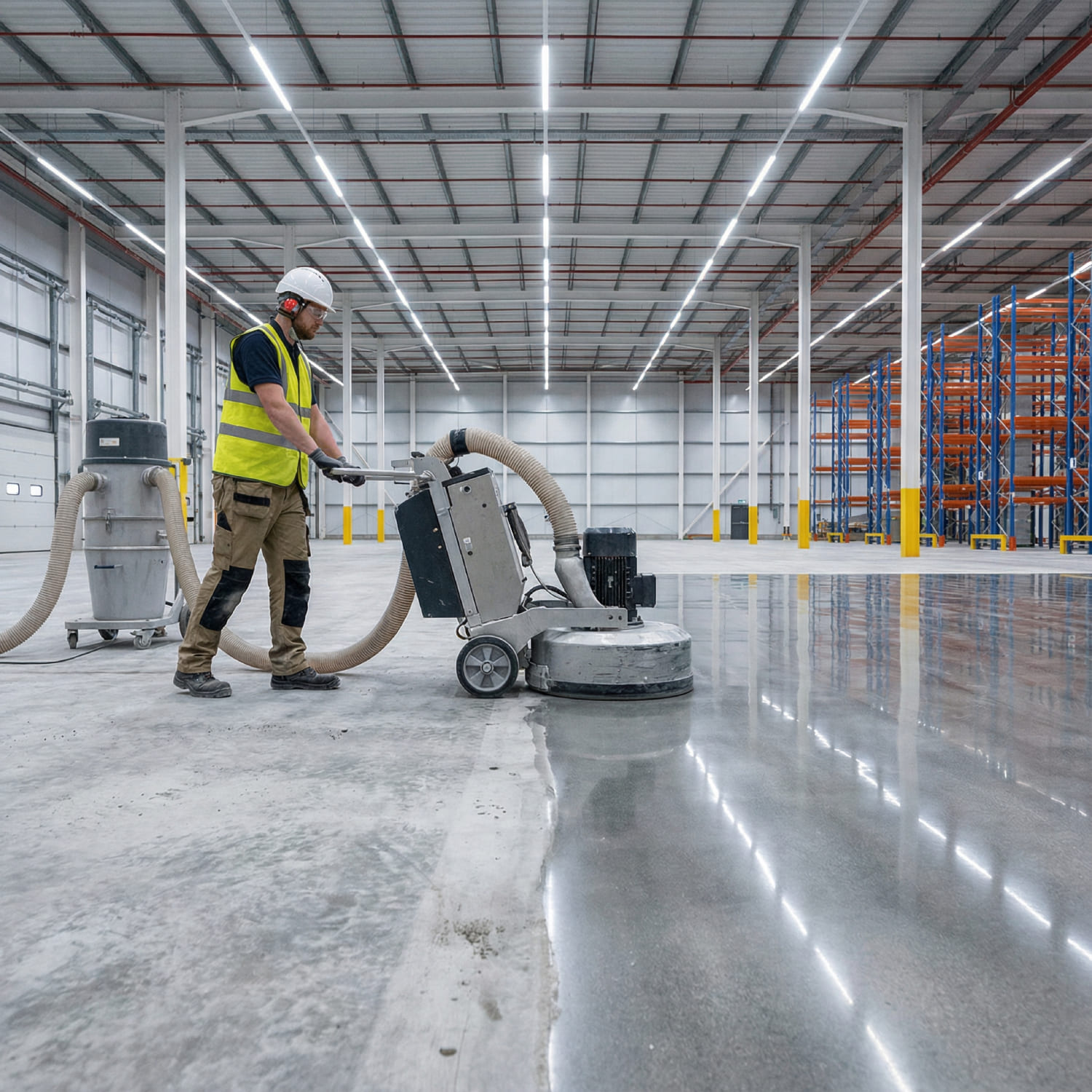 Grindingfloor Fachkraft beim Betonboden schleifen mit einer planetarischen Bodenschleifmaschine und industrieller Absaugung in einer großen Logistikhalle zur Erzeugung einer staubfreien, hochverdichteten Oberfläche.