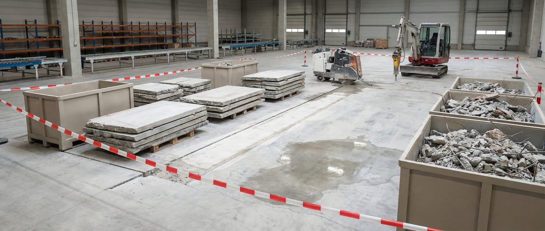 Baustelle in einer Lagerhalle mit Bagger und Betonsäge beim Rückbau des Bodens - Container mit Bauschutt und gestapelte Betonplatten zeigen den massiven Aufwand und Betriebsausfall bei einem Neubau.