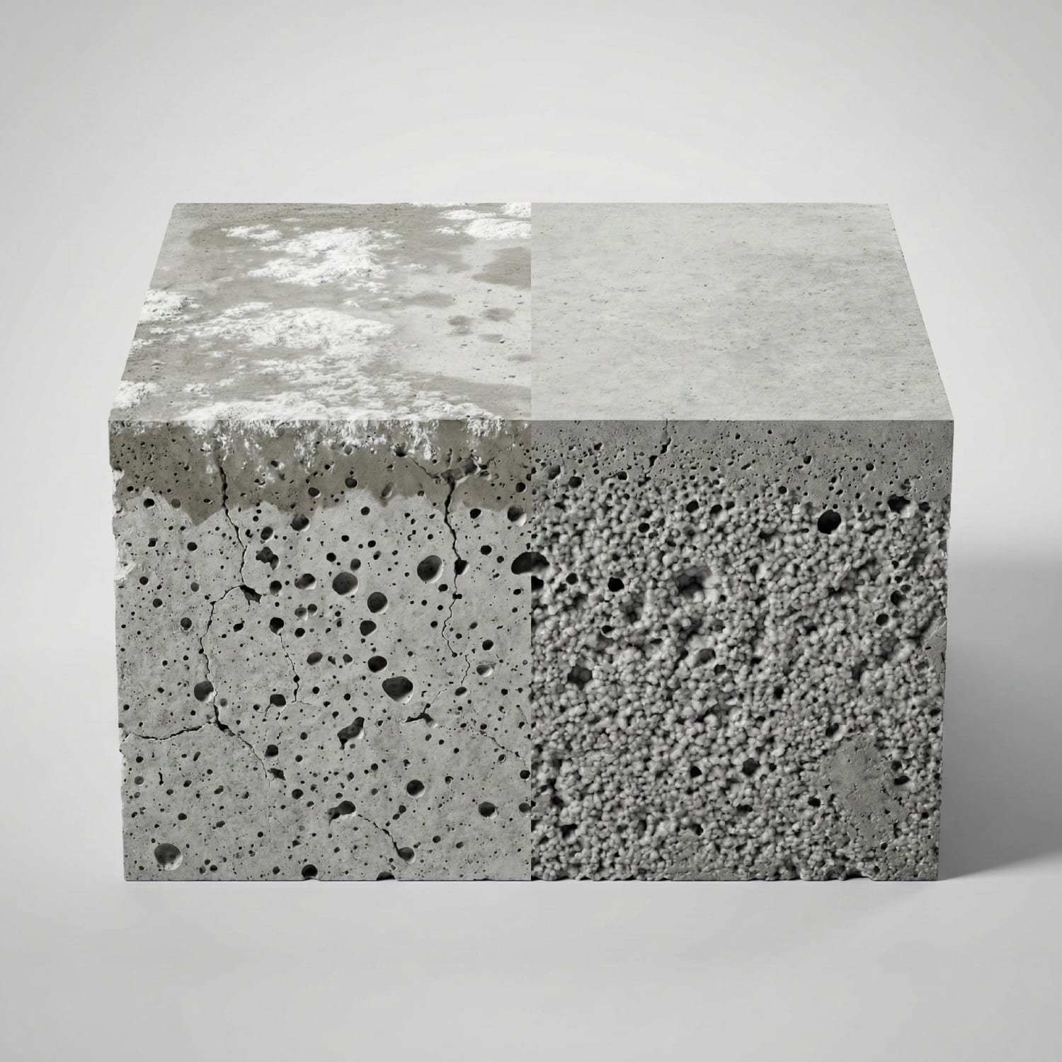 Betonwürfel im Vergleichstest - Links weiße Ausblühungen und offene Poren durch veraltete Silikate - Rechts dichte und saubere Matrix durch High-Performance-Lithiumsilikate - Visualisierung der chemischen Betonverfestigung.