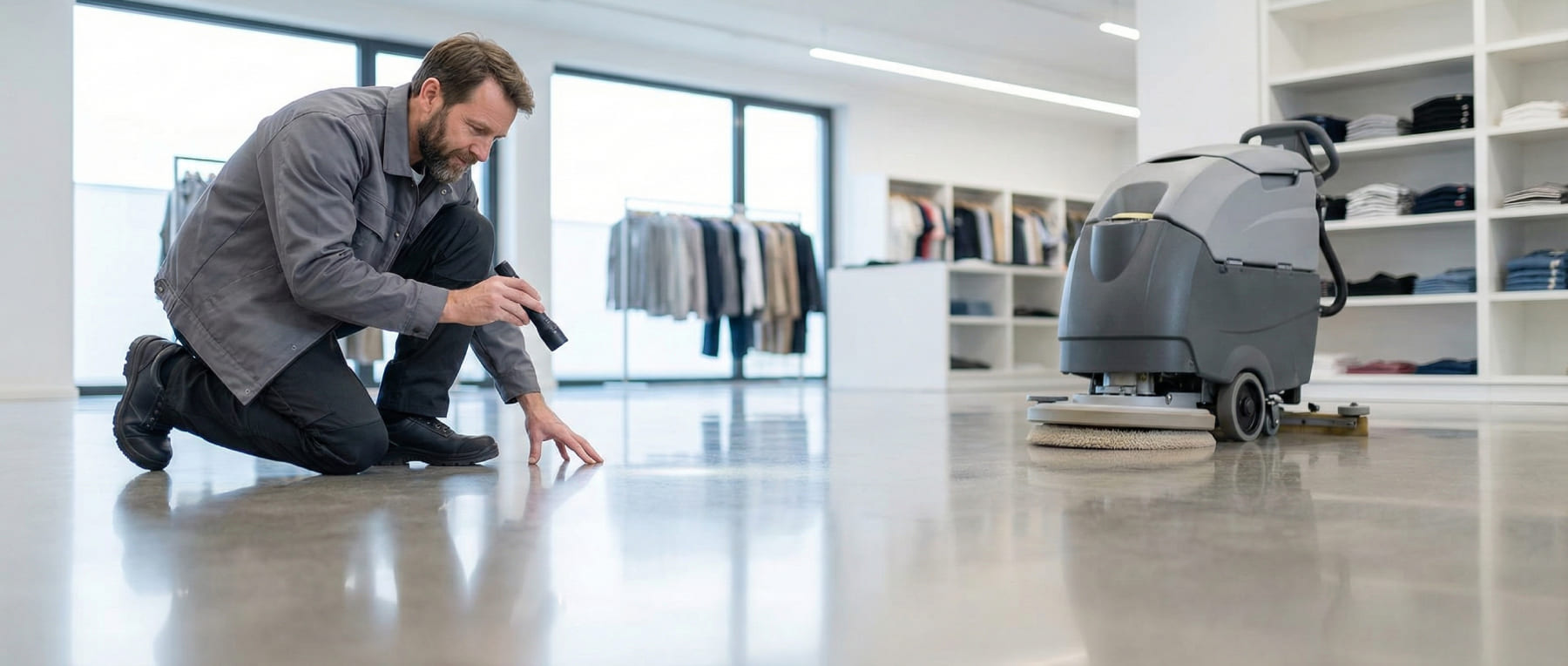 Techniker prüft mit einer Taschenlampe den extremen Hochglanz eines Bodens in einem Showroom oder Bekleidungsgeschäft neben einer Scheuersaugmaschine - Visualisierung der Reinigung für Handel und Verkaufsflächen.