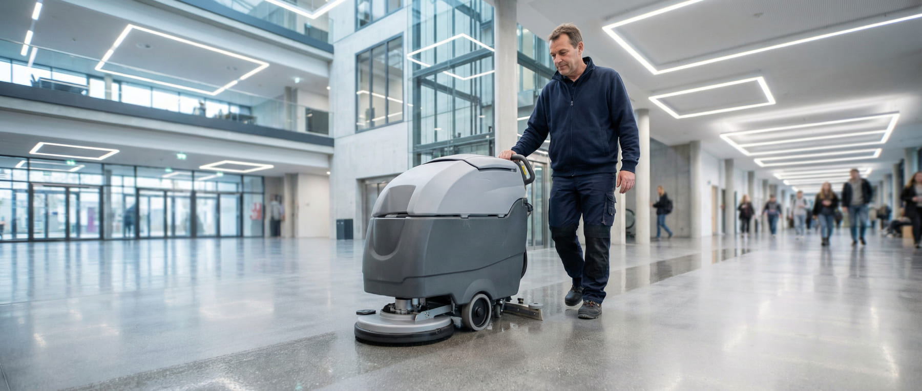 Mitarbeiter reinigt mit Scheuersaugmaschine den Boden in einem großen, lichtdurchfluteten öffentlichen Gebäude mit Publikumsverkehr im Hintergrund - Visualisierung der Reinigung in Flughäfen, Bahnhöfen oder Universitäten.