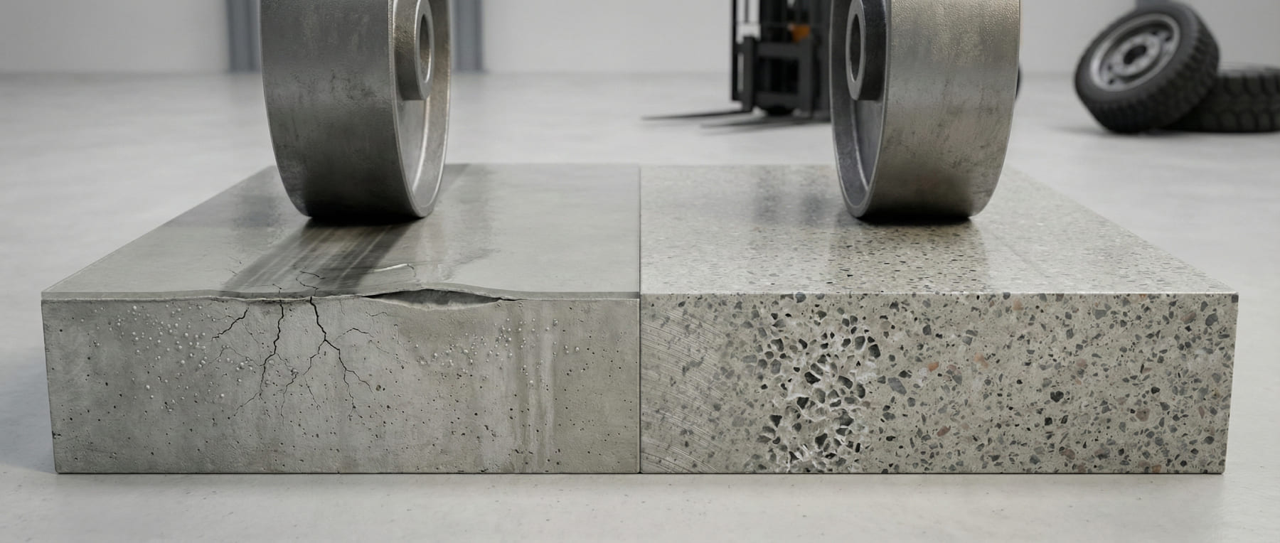 3D-Querschnitt Vergleichstest unter Punktlast - Links reisst eine Beschichtung unter einem Schwerlastrad auf und delaminiert - Rechts zeigt der monolithische Grindingfloor Betonboden keine Schäden.