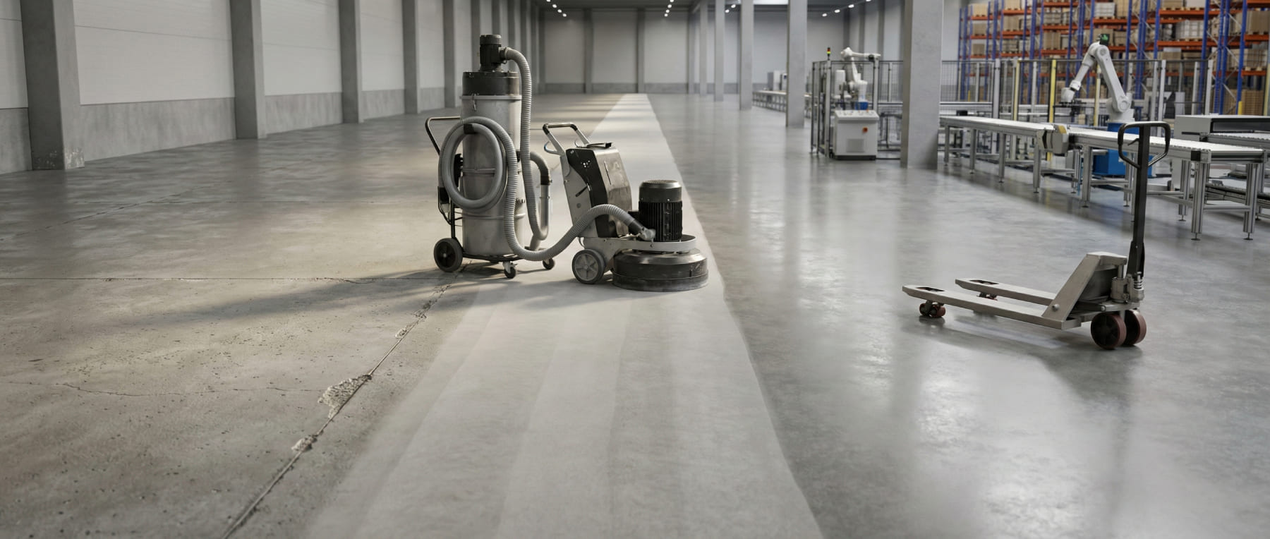 Planetenschleifmaschine im Einsatz auf einem Industrieboden - Links alter rissiger Beton - Rechts fertig polierte Fläche mit Hubwagen - Visualisierung der schnellen Sanierung ohne Betriebsunterbrechung.