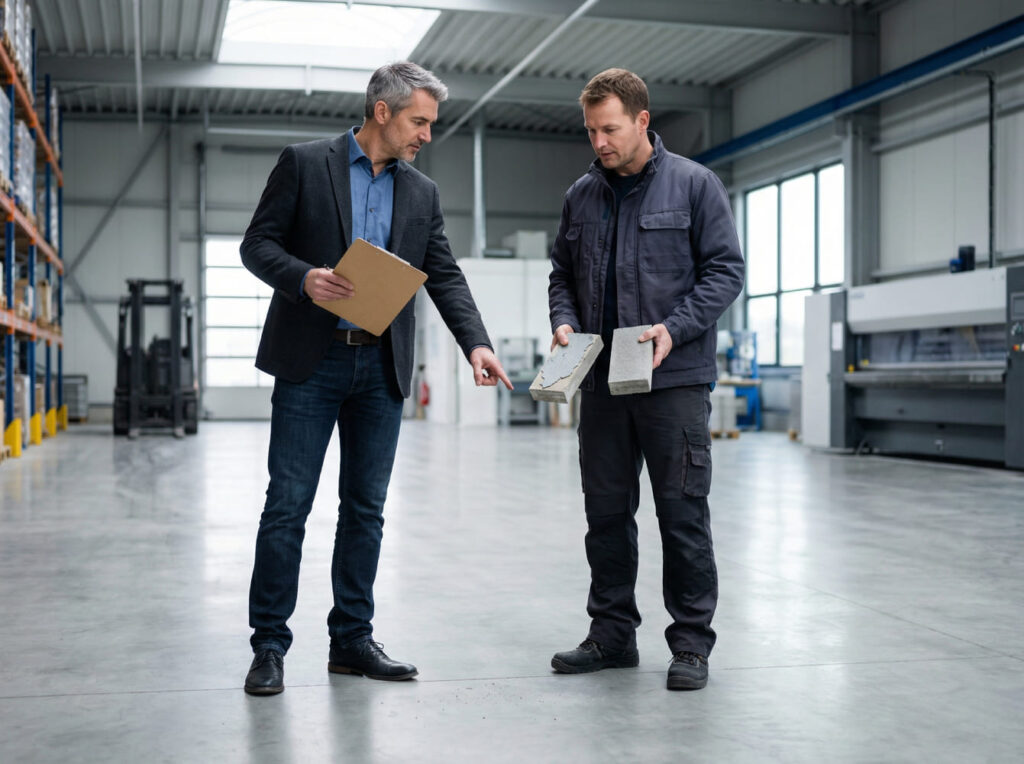 Projektleiter und Anwendungstechniker vergleichen zwei Betonmuster in einer Industriehalle - Demonstration des Unterschieds zwischen abplatzender Beschichtung und chemischer Vergütung im Beratungsgespräch.