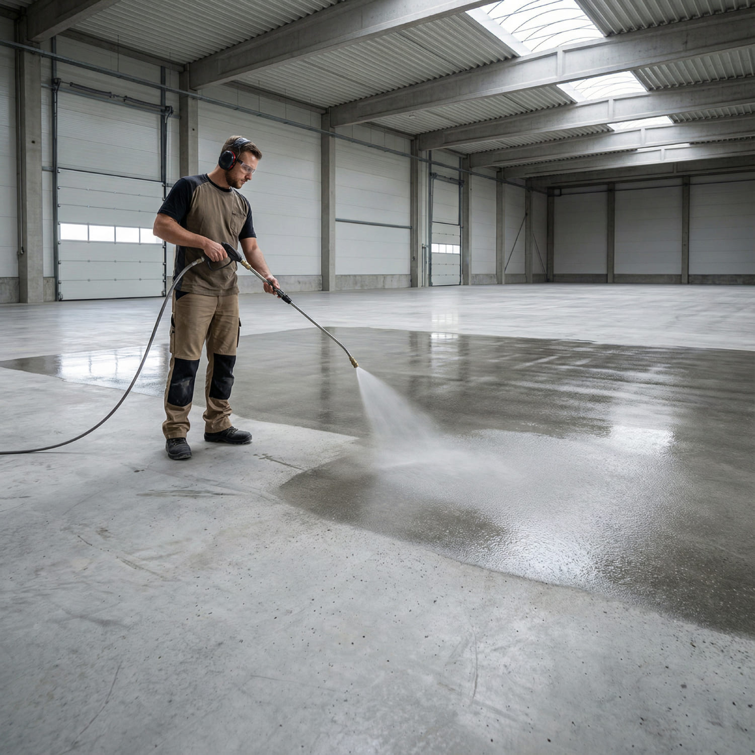 Grindingfloor Fachkraft bei der Sprühapplikation von Lithium-Silikaten auf einen Industriebetonboden zur chemischen Vergütung und dauerhaften Verdichtung der Betonmatrix durch Kristallisation.