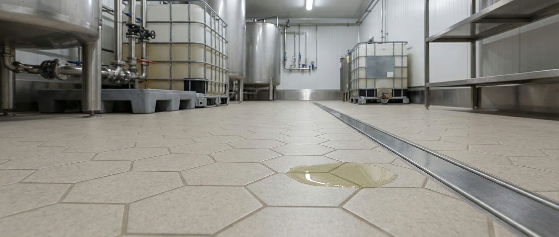 Säurelager mit Edelstahltanks und Abflussrinne - Gelbe Flüssigkeit ist auf dem hexagonalen Fliesenboden ausgelaufen - Visualisierung der Chemikalienbeständigkeit bei Havarien in der chemischen Industrie.