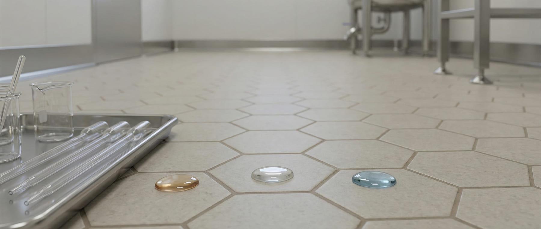 Labortest auf Hexacer-Sechseckfliesen mit drei verschiedenen Chemikalientropfen und Pipetten - Visualisierung der chemischen Resistenz gegen Säuren und Laugen im PharmaFloor-System.