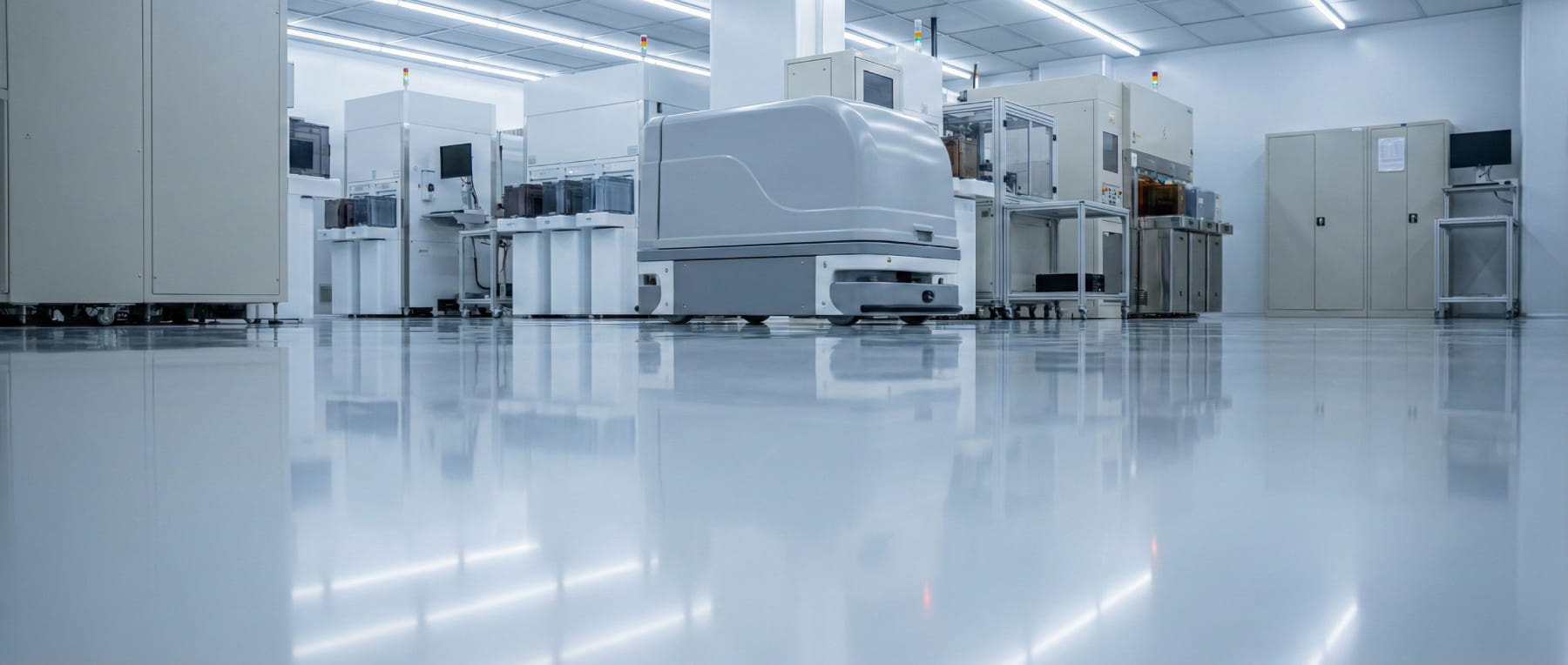Autonomer Transportroboter in einem sterilen Reinraum für Mikrochip-Produktion auf extrem glattem, hochglanzpoliertem ESD-Boden - Visualisierung der Elektronikfertigung und Halbleiter-Sicherheit.