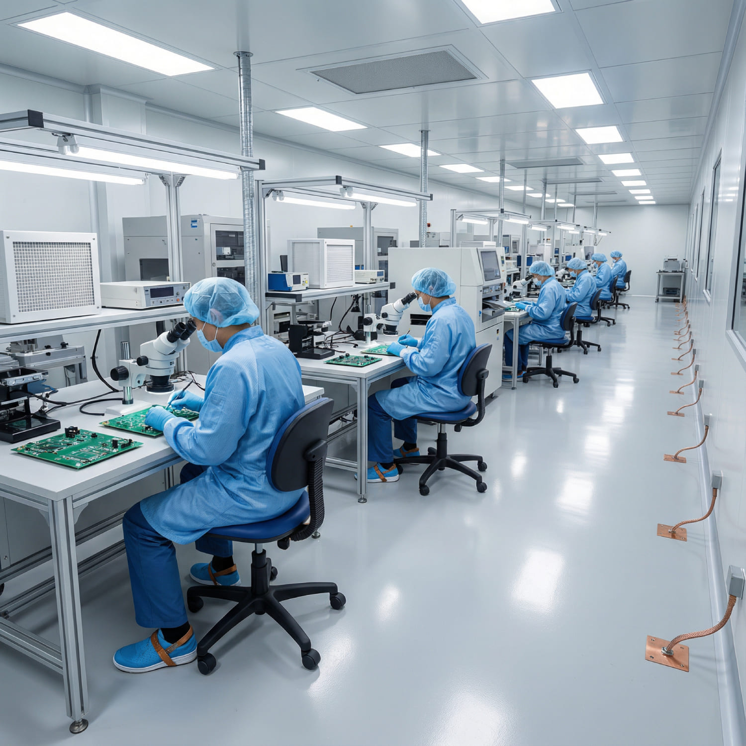 Reinraumumgebung in der Elektronikfertigung mit ESD-geschütztem Boden nach DIN EN 61340-5-1: Mitarbeiter in Schutzkleidung montieren empfindliche Platinen an geerdeten Arbeitsplätzen auf einem dauerhaft volumenleitfähigen Betonboden.