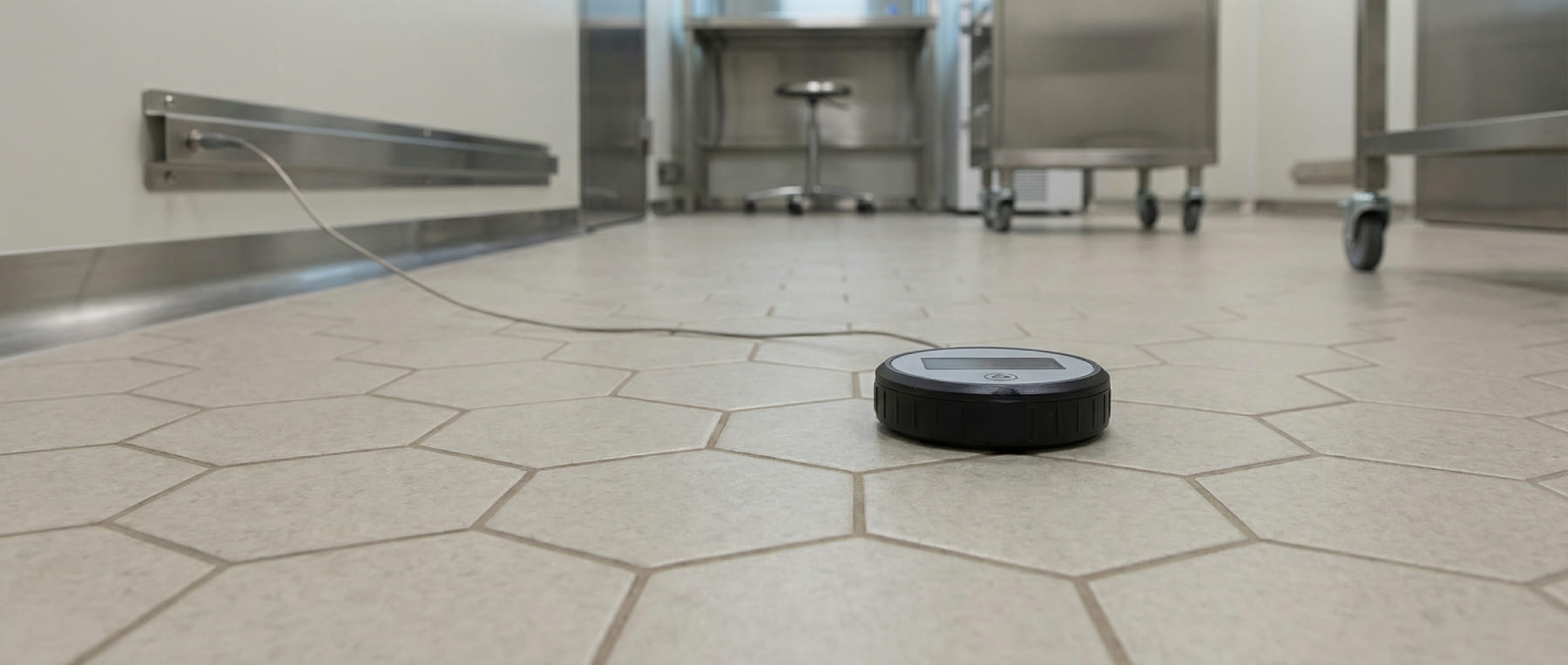 Messgerät zur Prüfung der elektrischen Ableitfähigkeit auf einem geschliffenen Sechseckfliesenboden in einem Reinraum - Visualisierung der ESD-Konformität des PharmaFloor-Systems.