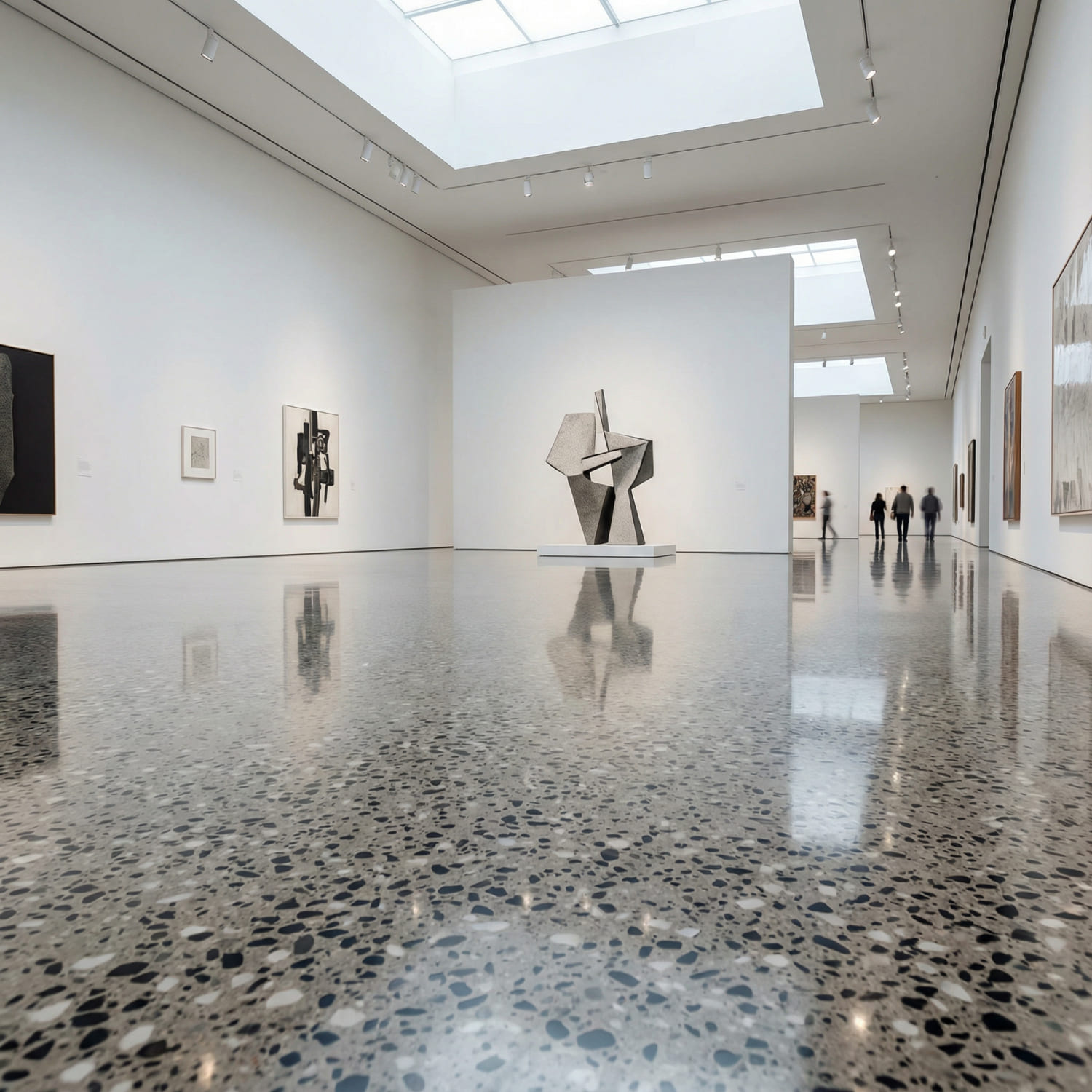 Hochglanzpolierter Sichtestrich in einer Kunstgalerie mit freigelegter Gesteinskörnung in Terrazzo-Optik, veredelt durch das Grindingfloor-Systemverfahren für repräsentative Gewerbeflächen.