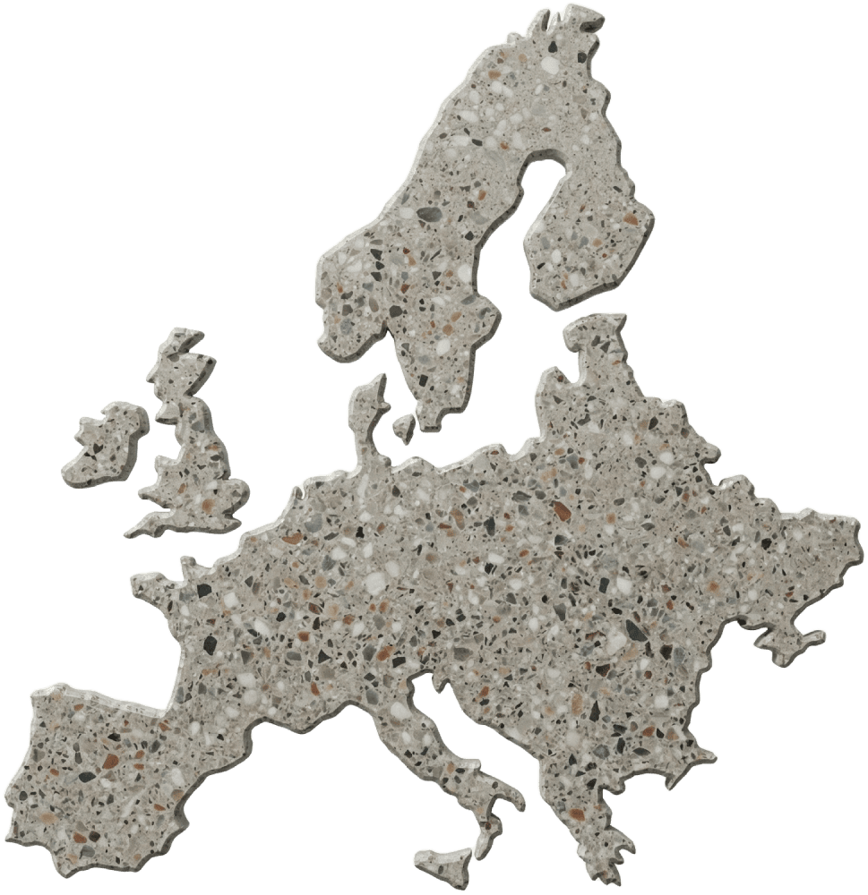 Grafische Darstellung einer Europakarte aus poliertem Terrazzo-Beton vor weißem Hintergrund - Symbol für das europaweite Einsatzgebiet von Grindingfloor als strategischer Bau-Dienstleister für Industrieböden.