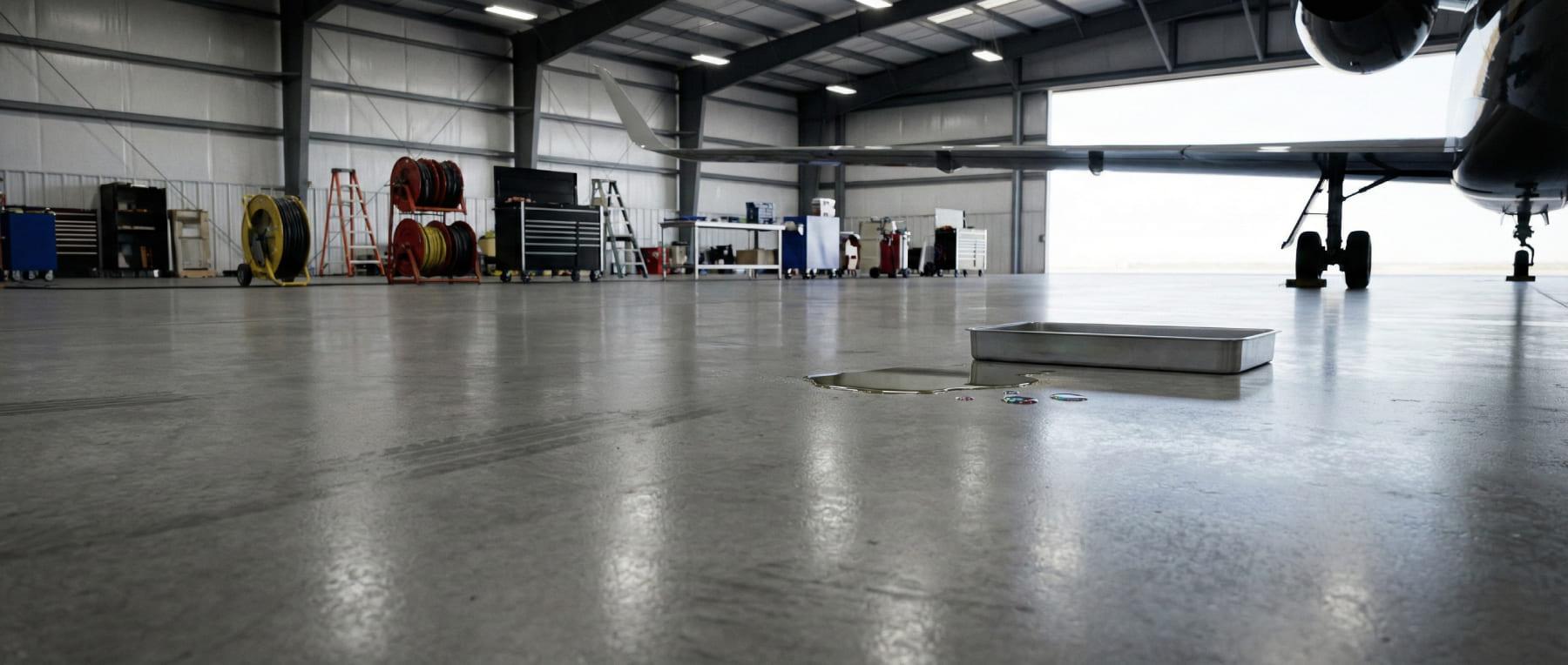 Glänzender Boden in einem Flugzeughangar mit einer Pfütze Hydraulikflüssigkeit unter einer Tragfläche - Visualisierung von Skydrol-resistenten und WHG-konformen Böden in der Luftfahrt.