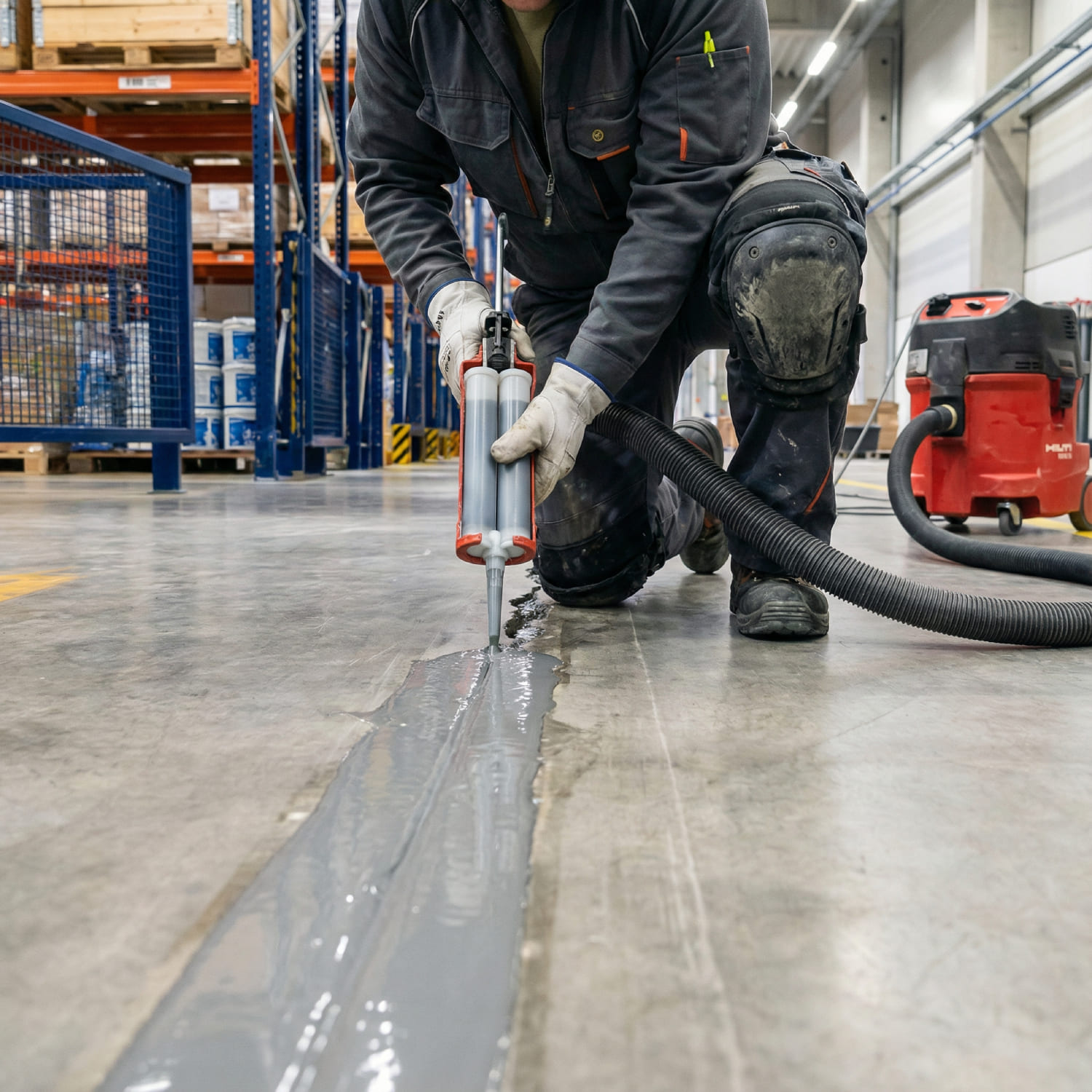 Grindingfloor Fachkraft bei der kraftschlüssigen Injektion von 2-Komponenten-Hochleistungs-Reaktionsharz in eine beschädigte Dehnfuge zur Sanierung eines Betonbodens in einer Logistikhalle.