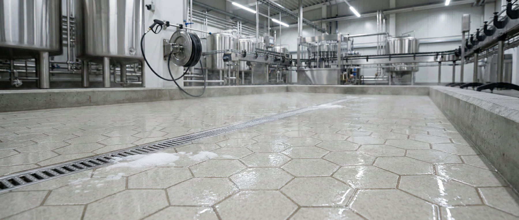 Nasse Hexacer Keramikfliesen in einer Brauerei mit Bodenablauf und Reinigungsschlauch vor Edelstahltanks - Visualisierung von säurefesten Böden für die Getränkeindustrie.