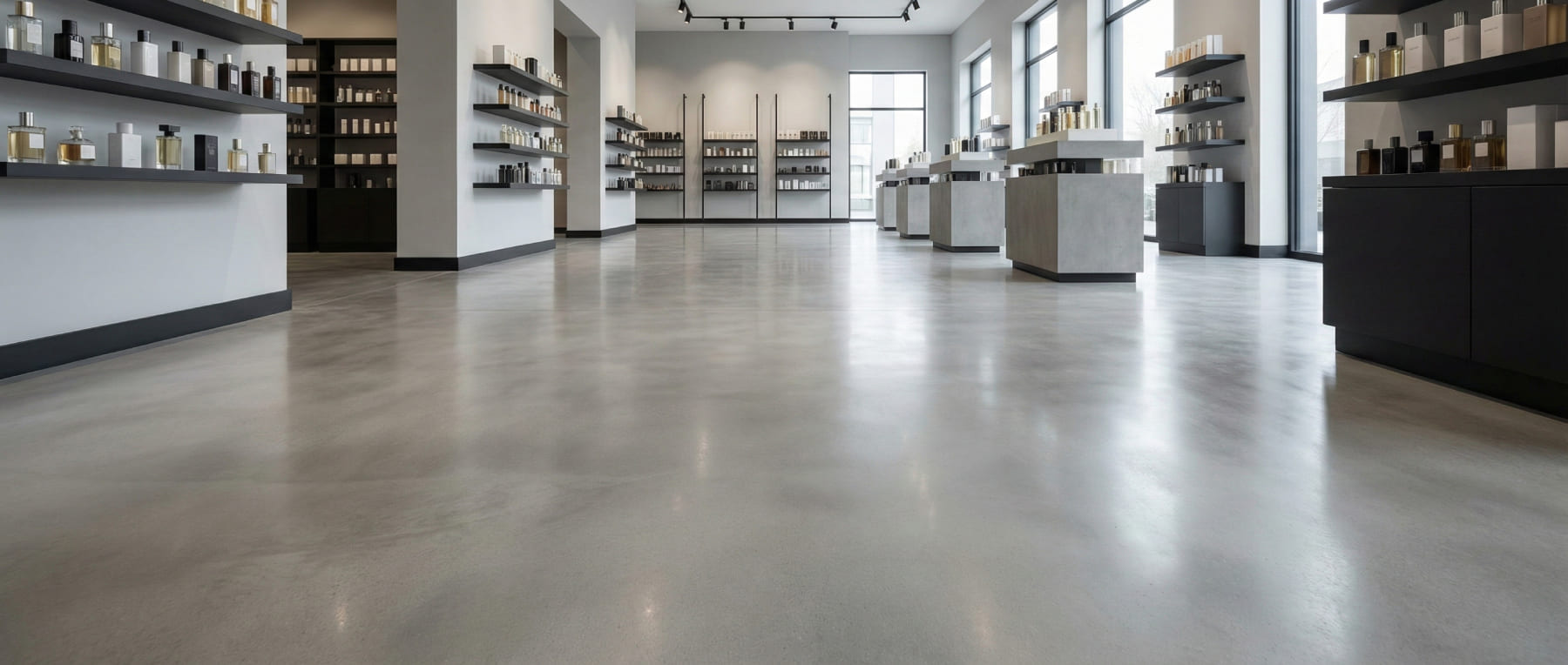 Modernes Ladengeschäft mit Regalen und Produkten auf einem polierten Sichtbetonboden - Visualisierung der optischen Aufwertung und Reinigungsfreundlichkeit im Retail und Großhandel.