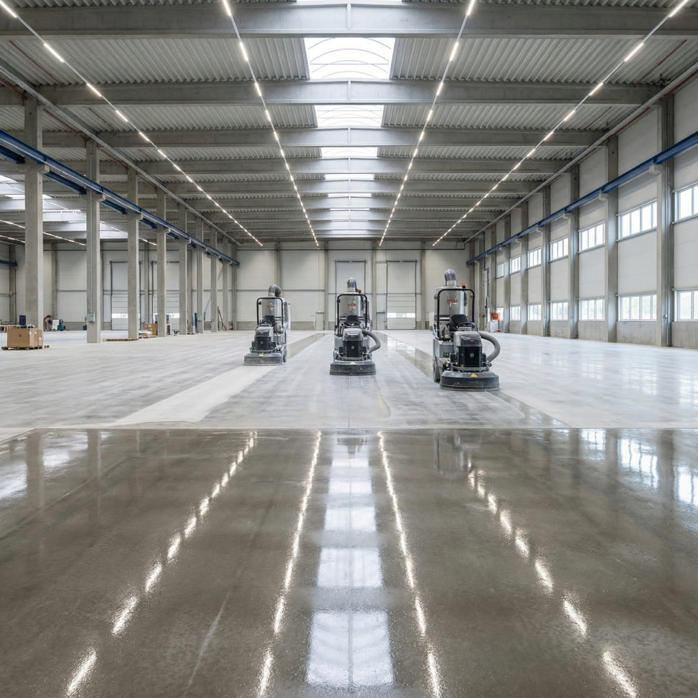 Drei schwere, funkferngesteuerte Grindingfloor Hochleistungsschleifmaschinen im Formationsbetrieb in einer weitläufigen Logistikhalle zur schnellen Veredelung und Politur des Betonbodens.