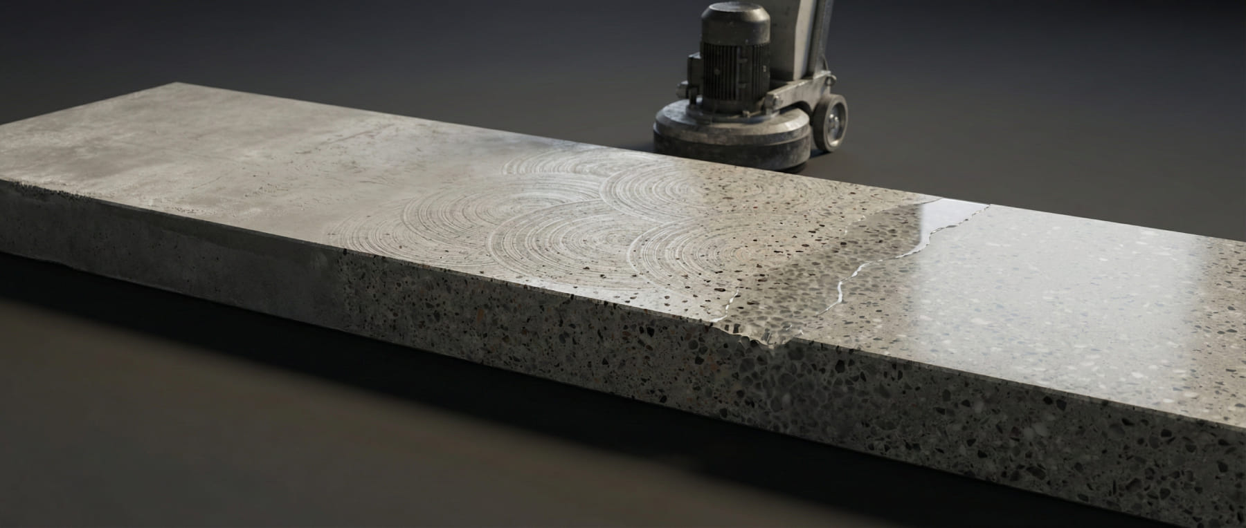 3D-Visualisierung des Hybrid-Verfahrens auf einem Betonriegel - Links roher Beton - Mitte kreisförmige Schleifspuren zur Porenöffnung - Rechts fertig polierte Oberfläche mit Spiegelung - im Hintergrund eine Bodenschleifmaschine.