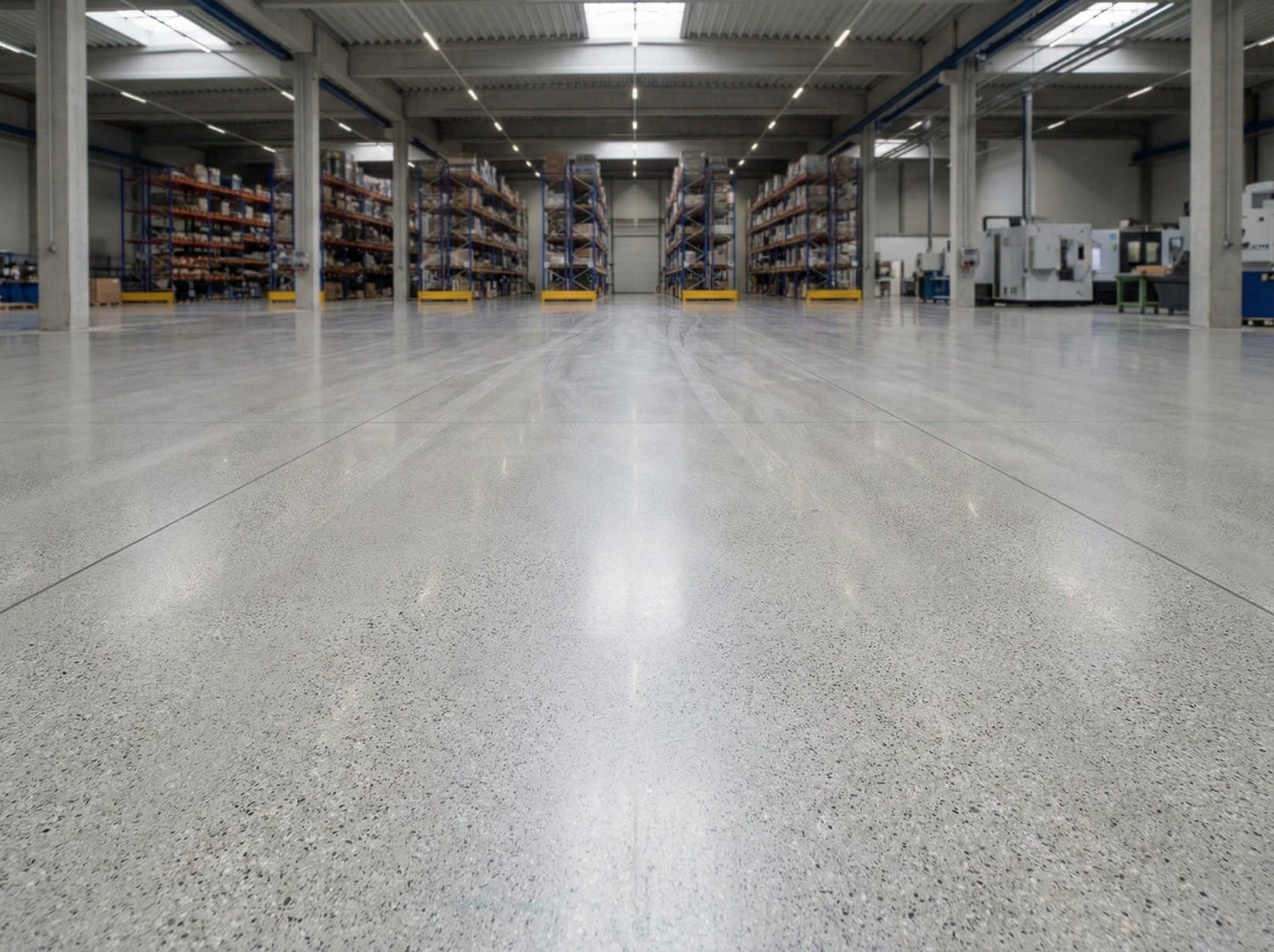 Zentralperspektive einer modernen Logistikhalle mit hochglanzpoliertem und fugenlosem Industriebetonboden - Symbol für Qualität durch festangestellte Experten und technologische Souveränität bei Grindingfloor.