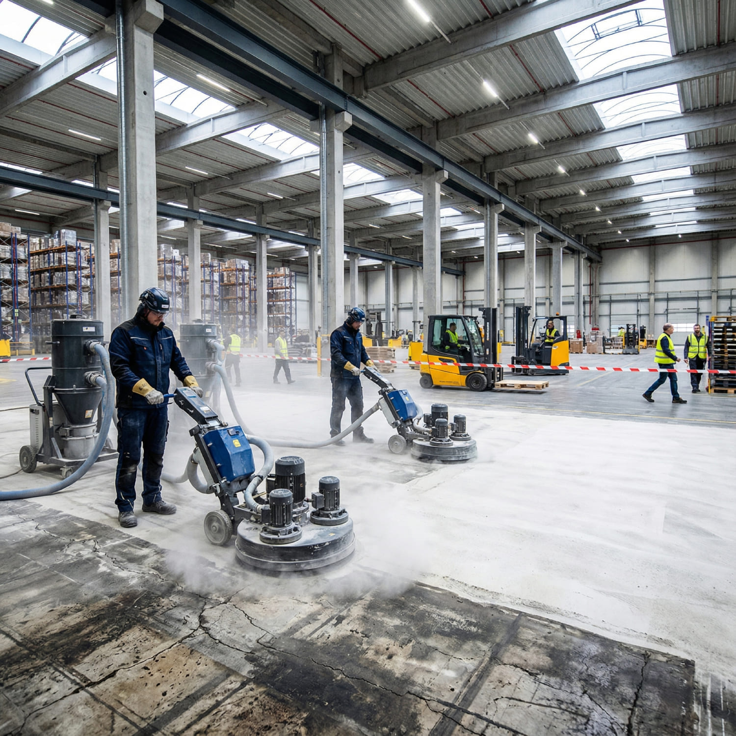 Grindingfloor Sanierungstrupp bei der Bearbeitung eines stark beanspruchten Industriebodens in einer Logistikhalle mit schweren Planetenschleifmaschinen und industrieller Absaugung zur Vorbereitung der chemischen Veredelung.
