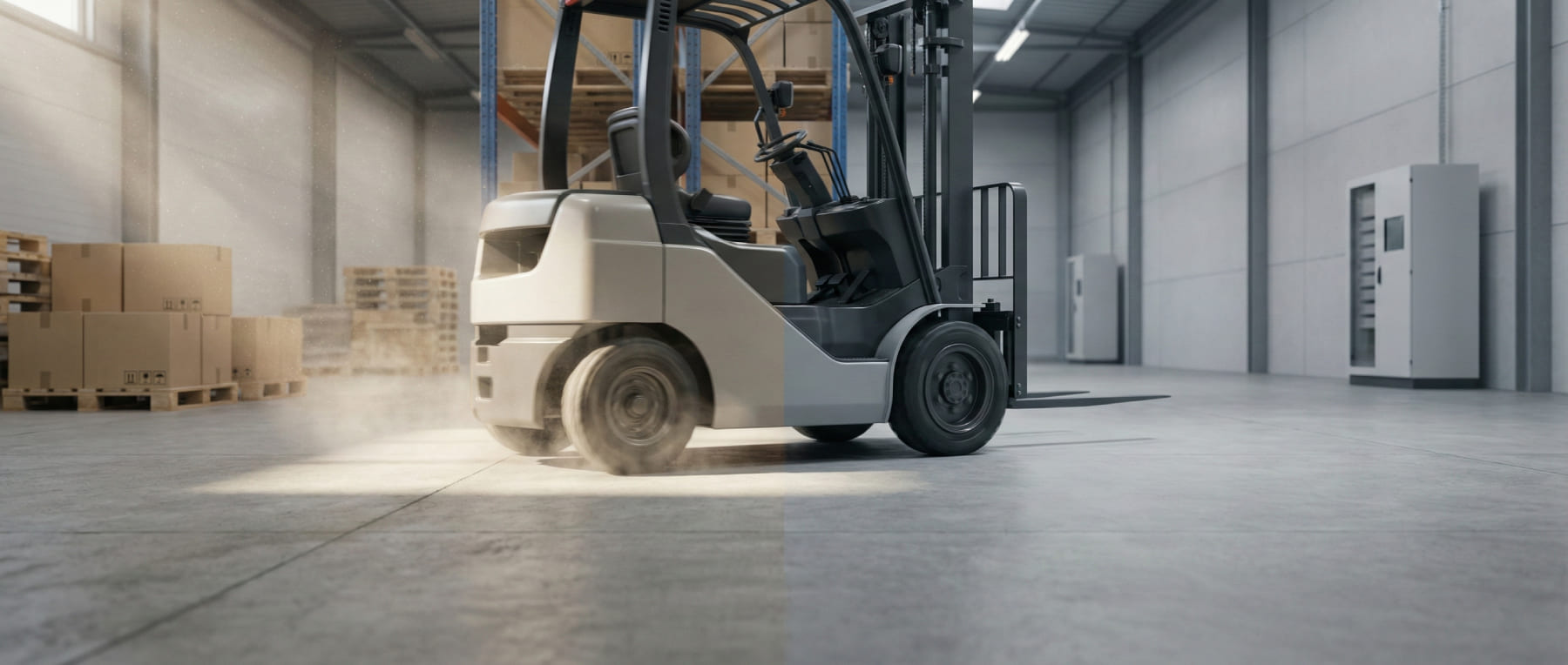 Split-Ansicht eines Gabelstaplers in einer Lagerhalle - Links wirbeln Reifen auf rohem Beton Staub auf - Rechts fährt der Stapler auf chemisch vergütetem Boden staubfrei - Visualisierung von Dustproofing.